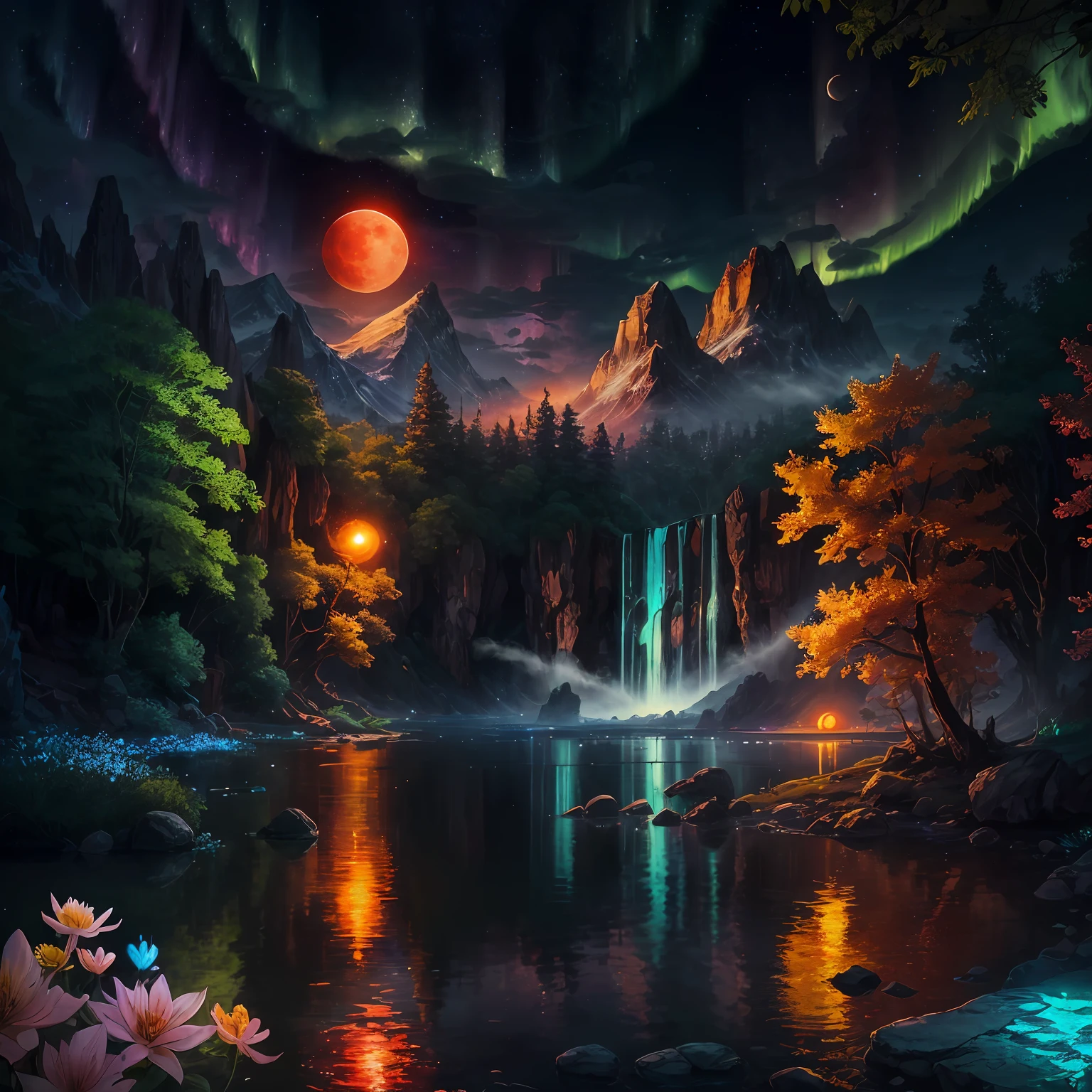 best quality, masterpiece, lush nature, starry night sky, aurora borealis, extremely detailed, finely detailed, extremely detailed, ultra detailed, beautiful detailed, extremely detailed, iridescent green, (best shade: 1.1), ultra high res, (realistic: 1.1), highly detailed, gold, jewelry, outdoor nature, mountains, luminescent water waterfalls with colorful fish (turquoise blue waters), (luminous blue splash), exotic trees, (fantasy forest) leaves, a big bright blood red moon, tyndall effect, a perfect circle, night, ((exotic flowers)), (glitter) and beautiful, fantasy, mist: 1.1, highres