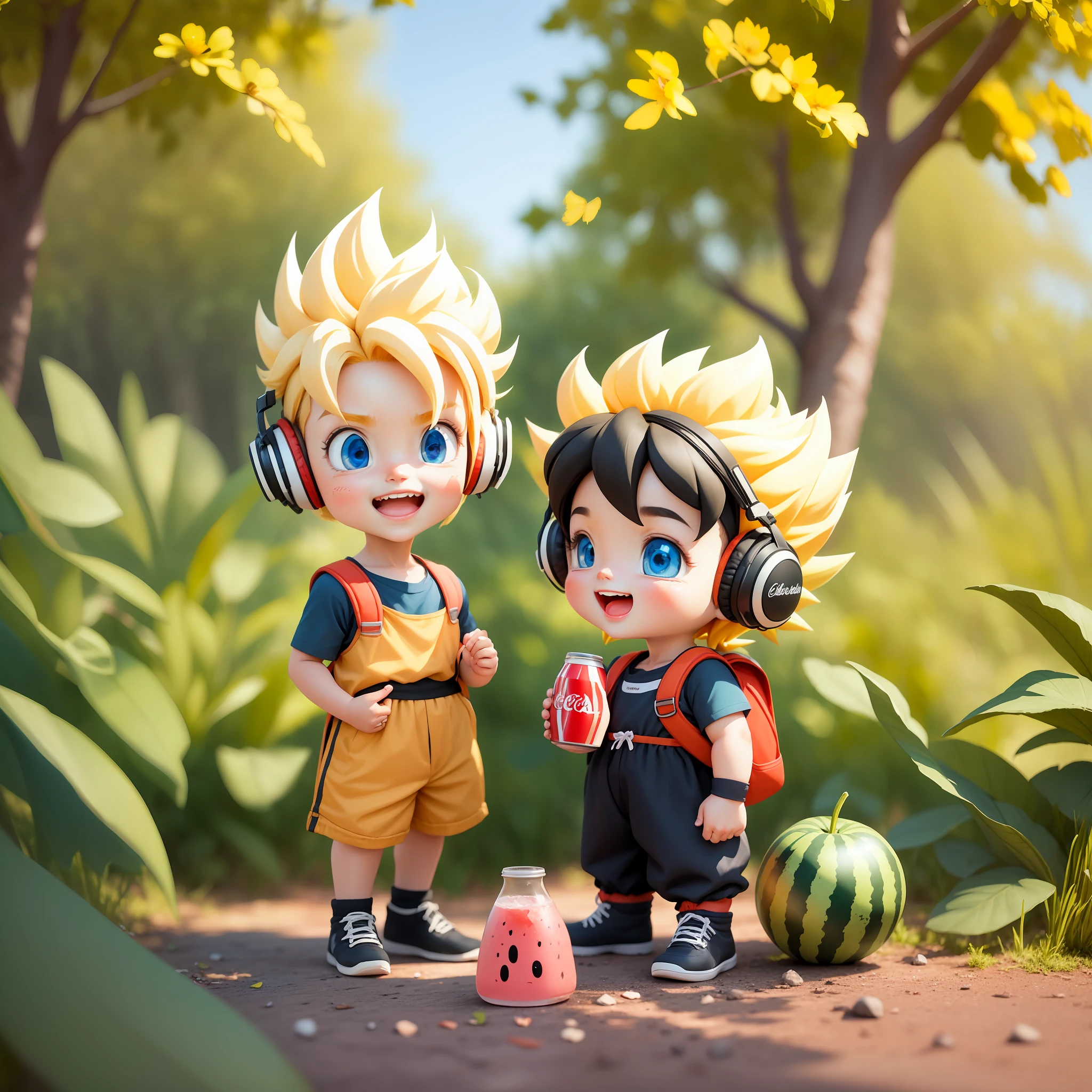 (Daisaku), (Excellent), (Super Meticulous), (Full Body: 1.2), (5-year-old Super Saiyan, Shorts, Short Sleeves, Small Backpack, Cute, Smile, Open Mouth,) Flower, Outdoor, Drink Coca-Cola, Hold Watermelon, With Headphones, Music, Tree, Short Hair for Boys, Short Barbs, Blonde Hair, Long Sleeves, Short Hair, (Beautiful and Delicate Face), (Beautiful Delicate Eyes),