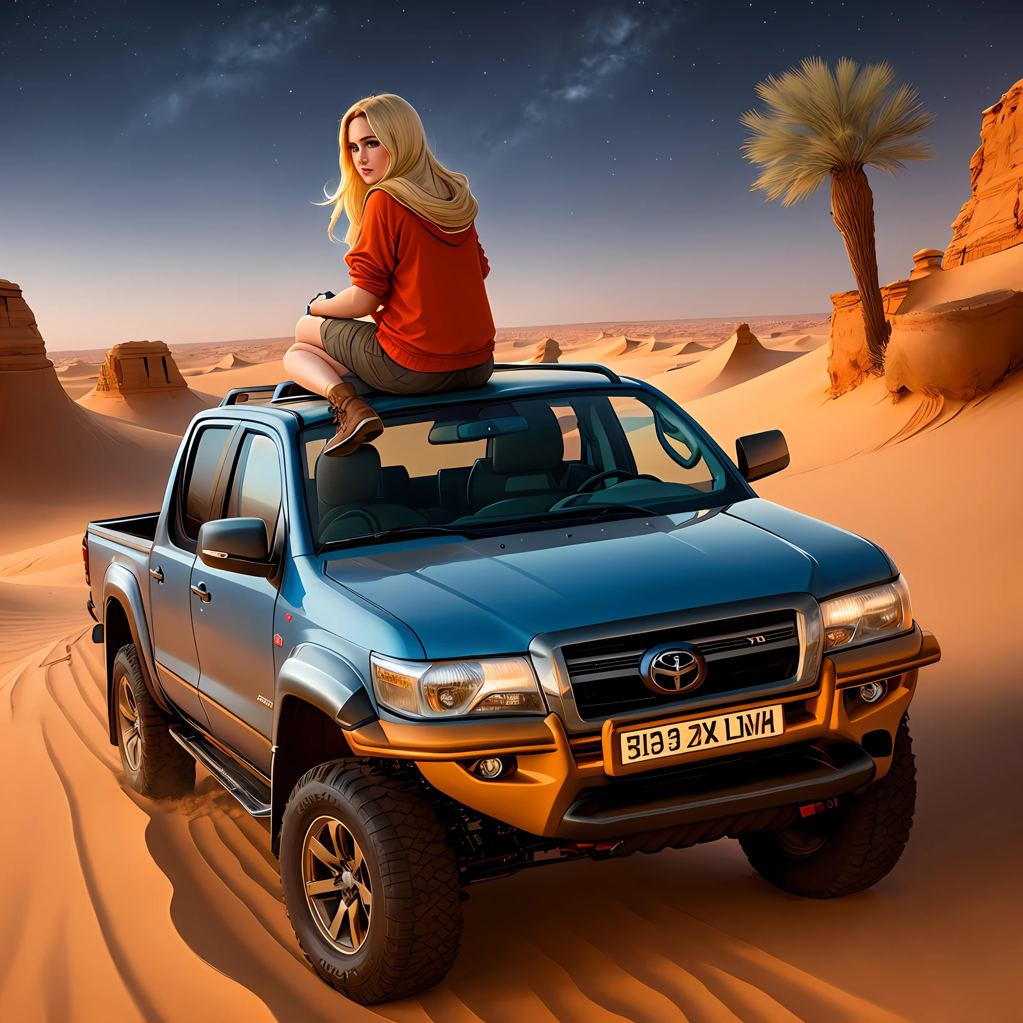 Sahara Desert: A blonde woman sitting winged from a Toyota Hilux pickup truck at night