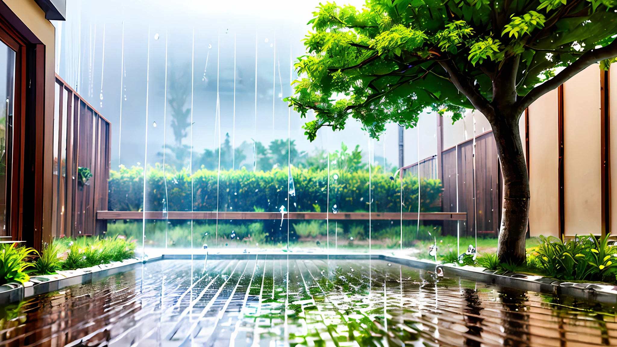 (masterpiece, best quality),1.2, cuva, about rain, best quality,1.5, , thunder, trees,red pots, colorful plants raining,water pose, drops, outside, realistic,3d, rain falling, drops flying, realistic, rain, over cuva, lots of rain in the gutter