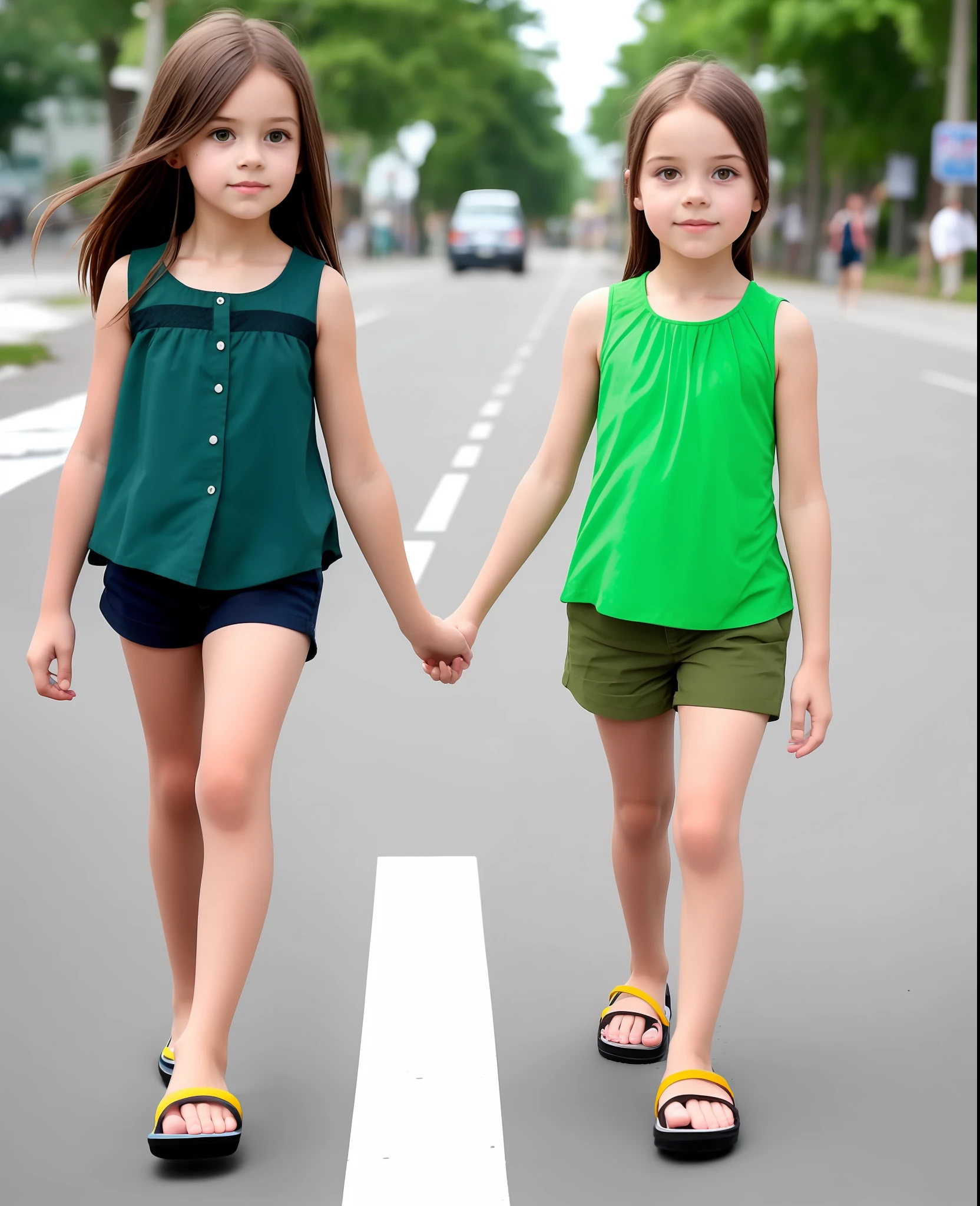 Child girl with brown hair wearing green sleeveless blouse and wearing shorts and wearing flip-flops walking down the street by day