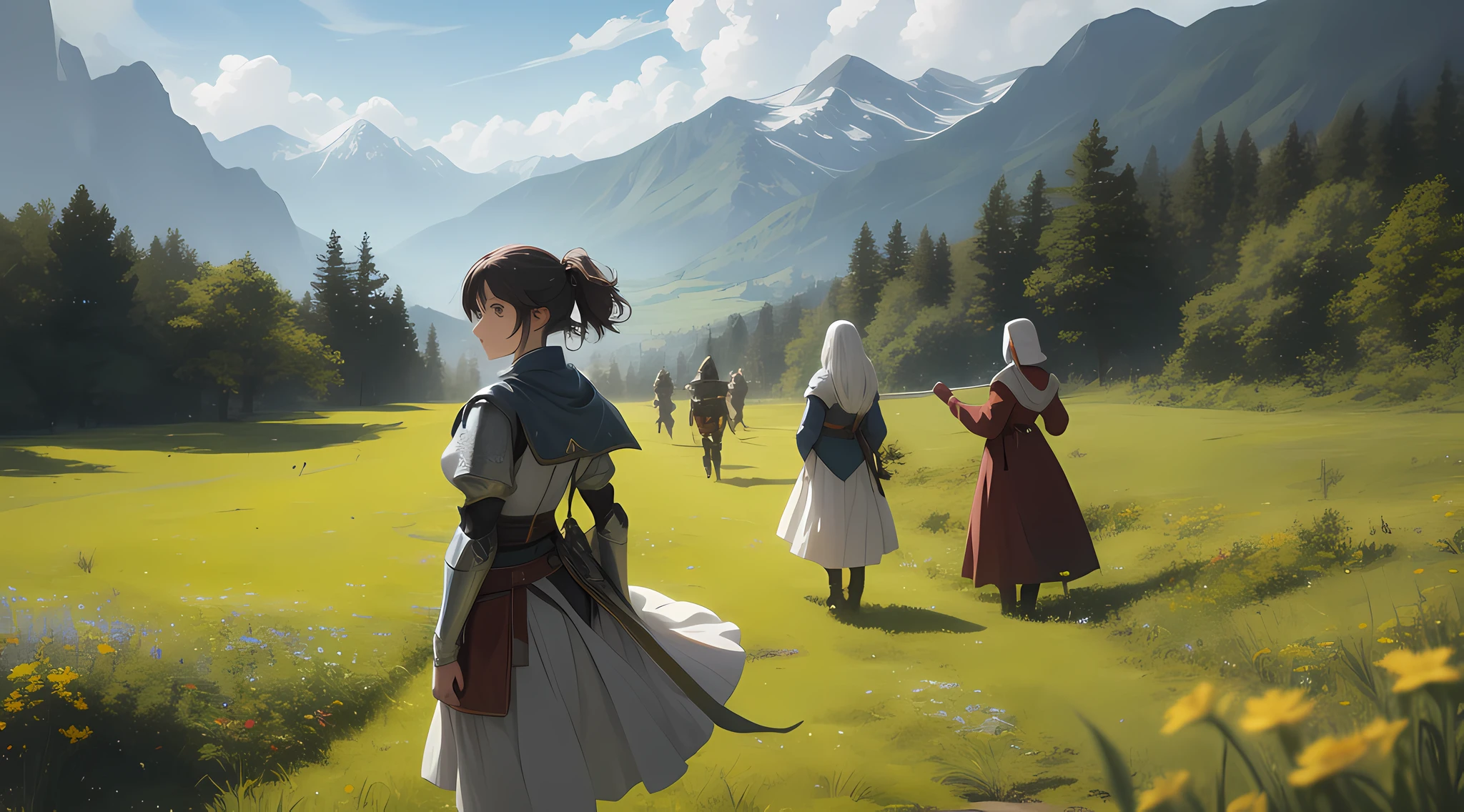 In a green meadow stands a girl leading a group of knights.
BREAK
With a brave expression, she guides them towards their destination.
BREAK
Behind her, a green forest stretches out and beyond that, mountains rise in the distance.
BREAK
The most suitable effect for this scene would be a watercolor painting technique to capture the softness of the meadow and the fluidity of the movement.