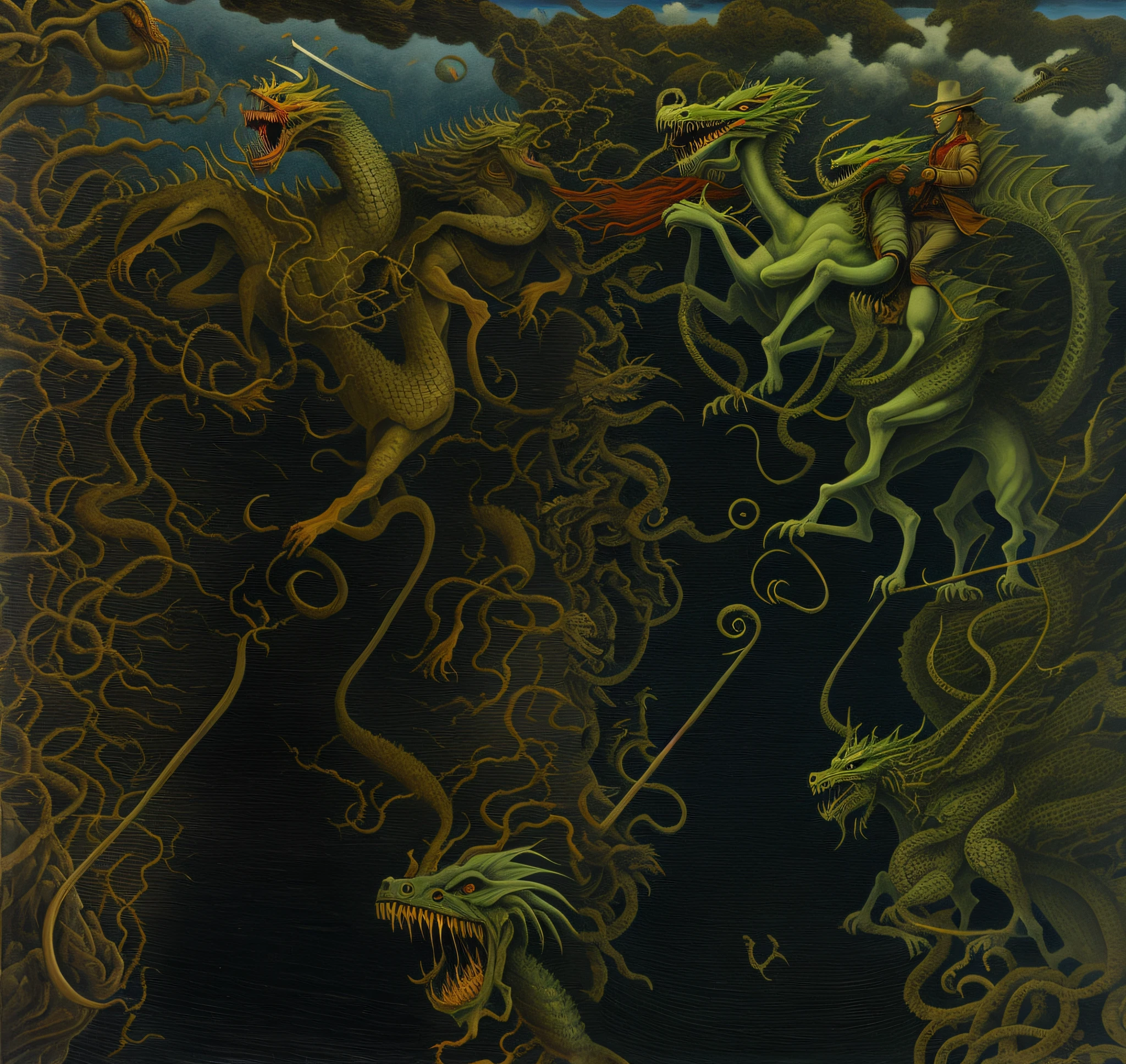 painting of a dragon attacking a man with a spear, oil painting of dragon forest, oil painting of dragon, sergey zabelin, intricate fantasy painting, hydra with eight heads, ruan jian, hydra, by Vladimír Vašíček, inspired by gustav dore, michael hutter, beksiński and james jean, chinese dragons fighting