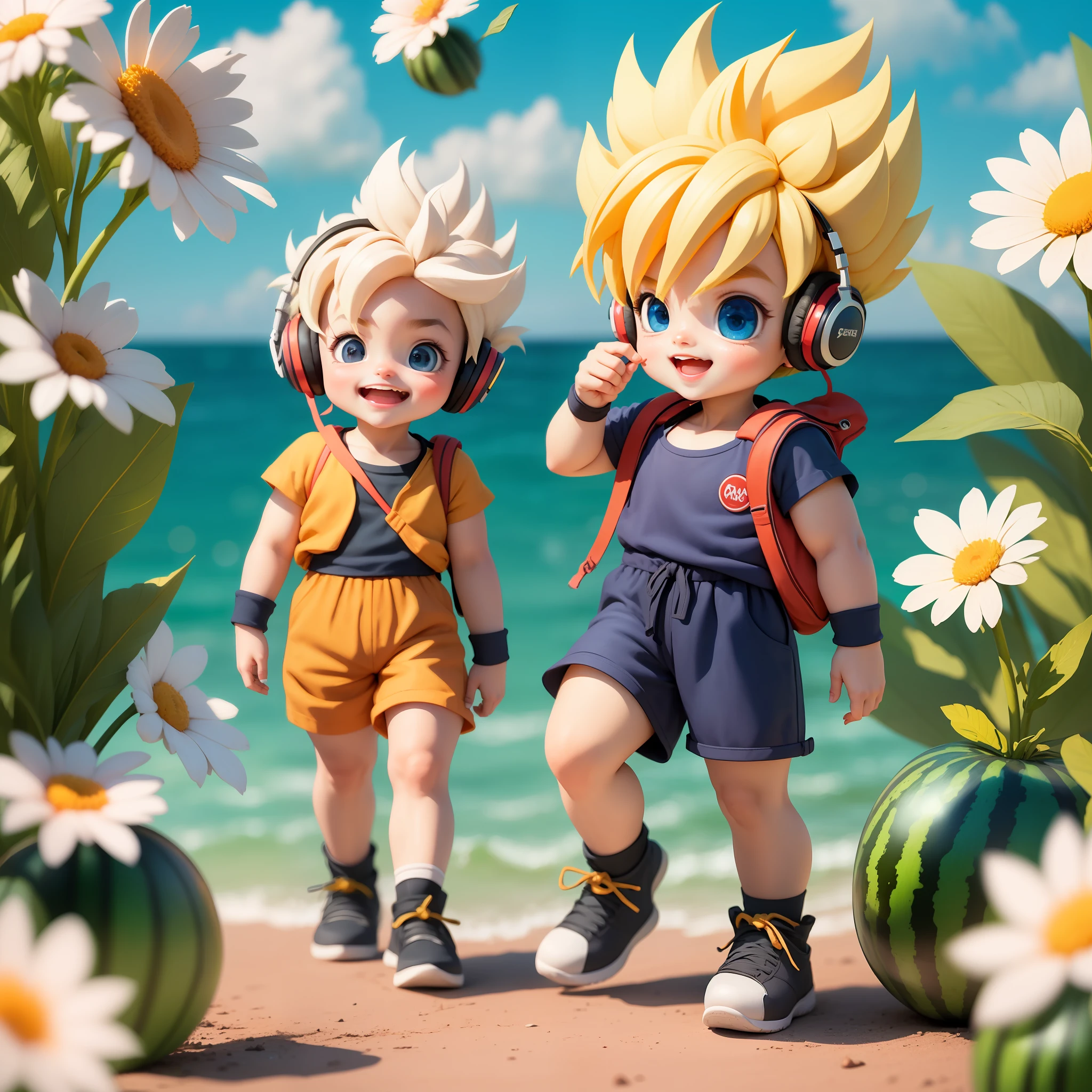 (Daisaku), (Excellent), (Super Meticulous), (Full body: 1.2), (5-year-old Super Saiyan, shorts, short sleeves, small backpack, cute, smile, open mouth,) flowers, seaside, drinking Coca-Cola, holding watermelon, with headphones, music, boy short hair, barbed short hair, blonde hair, long sleeves, short hair, (beautiful and delicate face), (beautiful and delicate eyes),