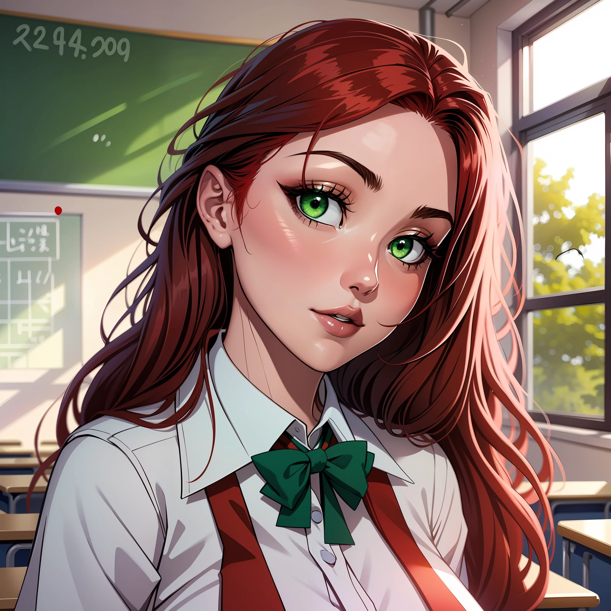 Woman, red hair, green eyes, school uniform, inside the classroom