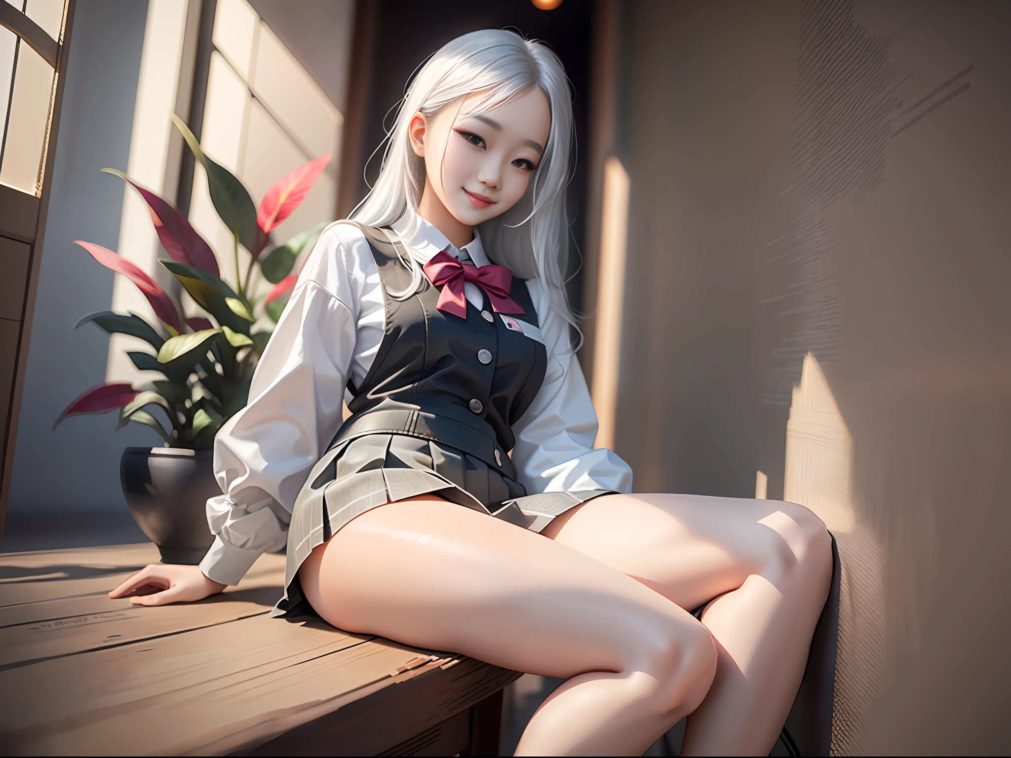 masterpiece, ultra high quality, ultra high definition, 8K, totally realistic, Korean girl, extremely beautiful, alone, full body, silver white hair, highly detailed face, fully detailed eyes, perfect eyes, perfect features, very beautiful body, perfect body, cheerful smile, wearing micro school uniform, side view