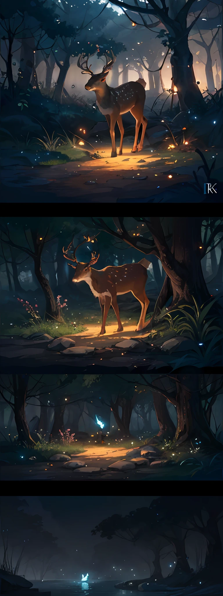 Masterpiece, best quality, (very detailed CG unity 8k wallpaper), (best quality), (best illustration), (best shadows), glow sprite, with a glowing deer, in the swimming pool Drinking water, natural elements in the forest theme. Mysterious forest, beautiful forest, nature, surrounded by flowers, delicate leaves and branches surrounded by fireflies (natural elements), (jungle theme), (leaves), (twigs), (fireflies), (particle effects) etc. 3D , Octane rendering, ray tracing, super detailed