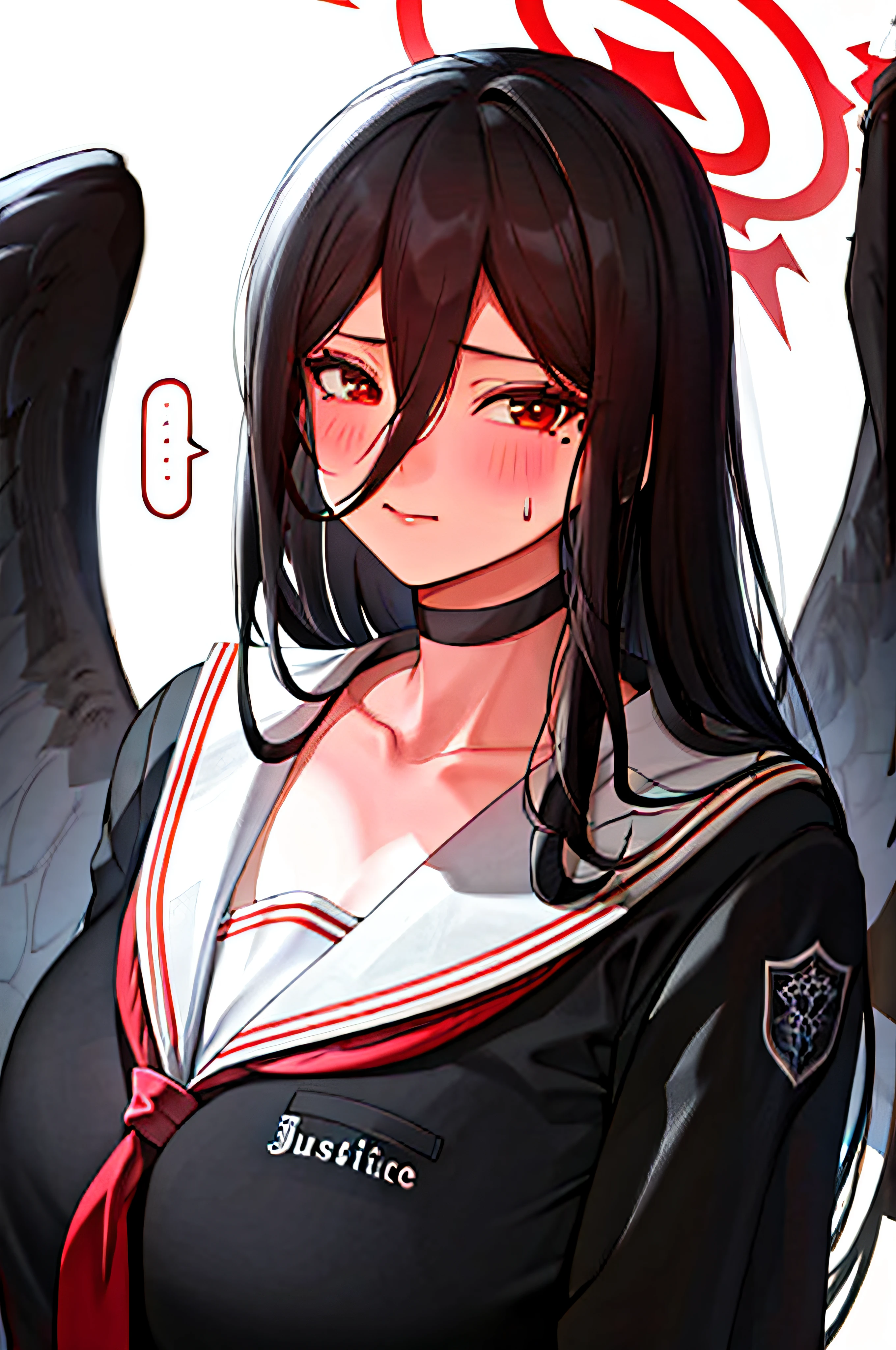 ..., 1girl, bangs, black choker, black hair, black serafuku, black shirt, black wings, blush, choker, cleavage, closed mouth, collarbone, hair between eyes, halo, hasumi \(blue archive\), large breasts, long hair, looking at viewer, mole under eye, neckerchief, red eyes, red neckerchief, sailor collar, school uniform, serafuku, solo, spoken ellipsis, sweat, upper body, white background, white sailor collar, wings,(masterpiece),(best quality)