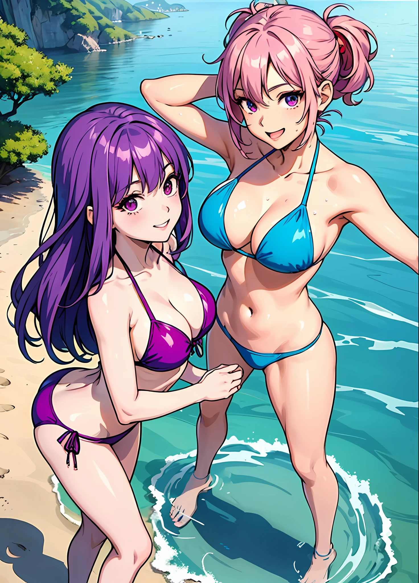 Young women 29 years: 1.3, 3 girls on the beach: 1.2, tall: 1.2, Occupation: 1.2, Daytime: 1.2, On the street: 1.2, Movie lighting, Best quality, 8k a cartoon girl with beautiful hair, provocative smiles, shoujo manga, ecchi anime style, manhwa,defined body, wet colored bikini, transparent bikini, medium breasts, standing on the lake. anime girl in bikinis in the water with a guy, each in one position((one of Pink hair fulfilled)), ((another girl with purple hair at shoulder height)), ((another girl with short blue hair))