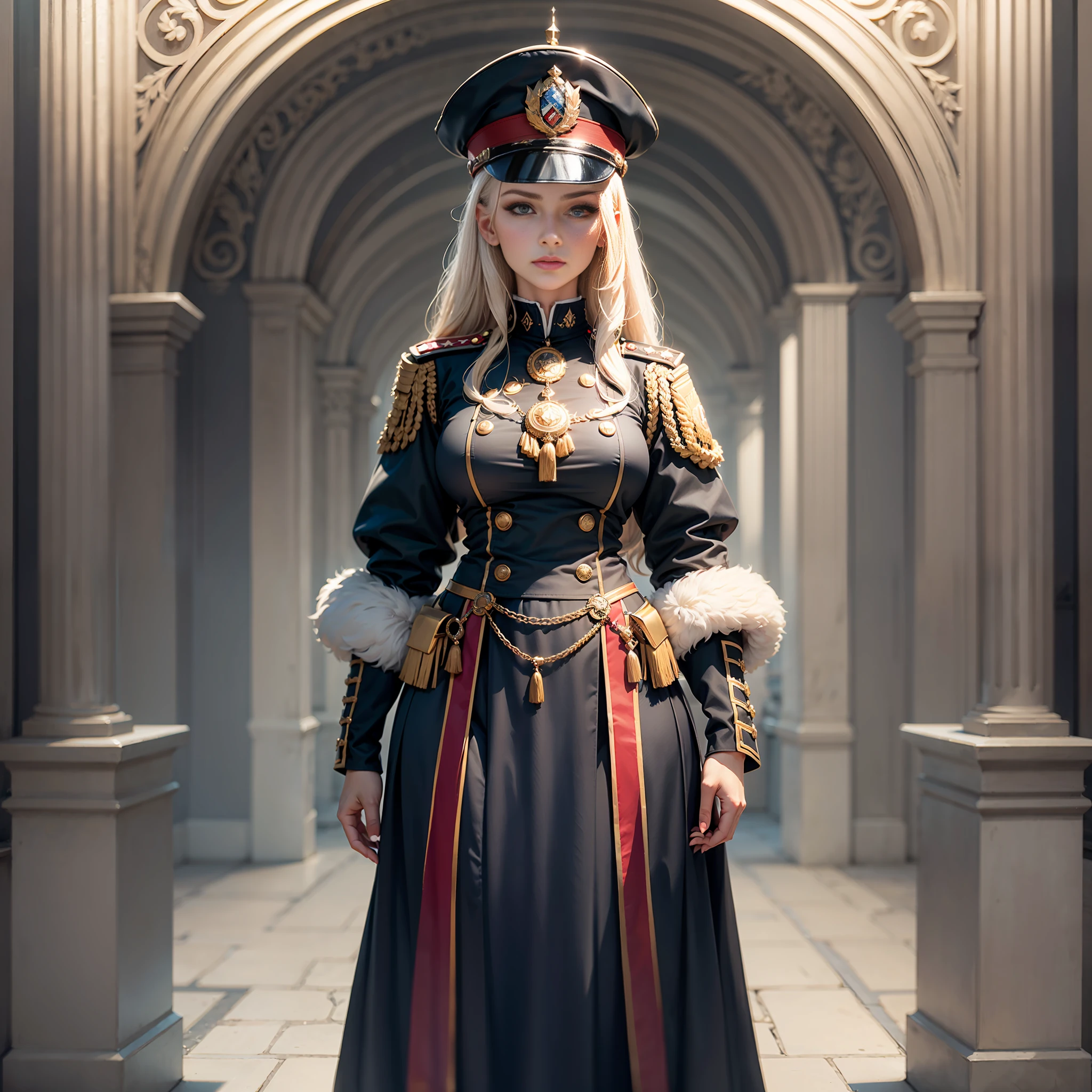 Portrait of a woman, Slavic appearance, beautiful appearance, stands upright, guards uniform, full-length.