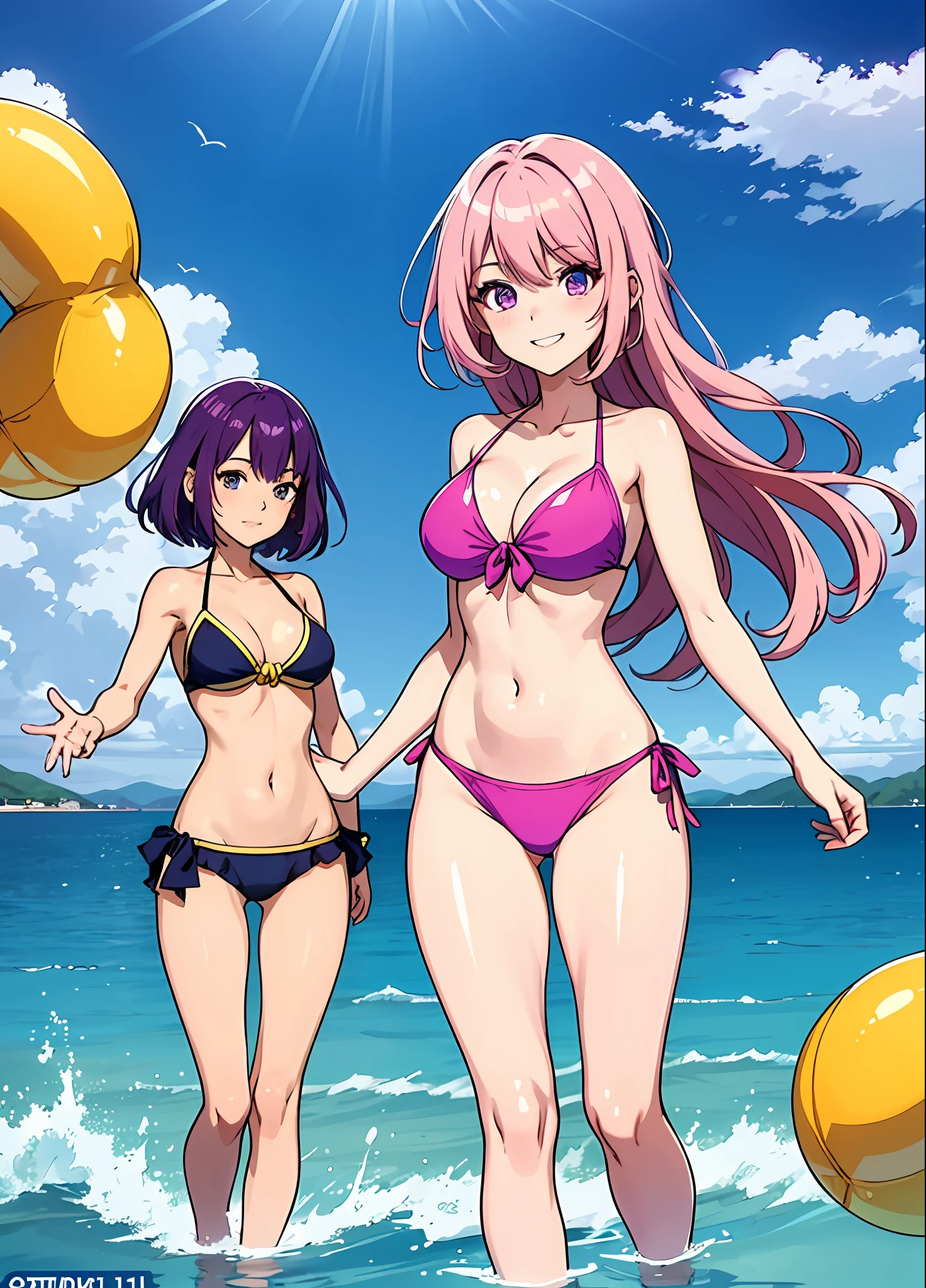 Young women 29 years: 1.3, 3 girls on the beach: 1.2, tall: 1.2, Occupation: 1.2, Daytime: 1.2, On the street: 1.2, Movie lighting, Best quality, 8k a cartoon girl with beautiful hair, provocative smiles, shoujo manga, ecchi anime style, manhwa,defined body, wet colored bikini, transparent bikini, medium breasts, standing on the lake. anime girl in bikinis in the water with a guy, each in one position((one of Pink hair fulfilled)), ((another girl with purple hair at shoulder height)), ((another girl with short blue hair))