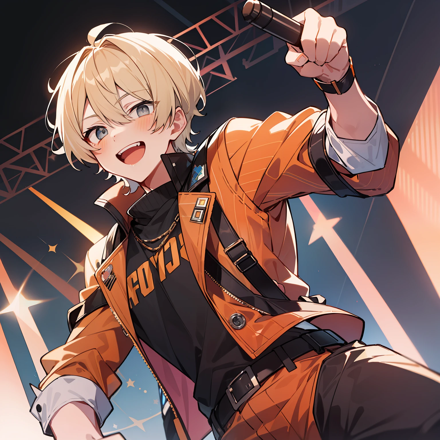 (high-quality, breathtaking),(expressive eyes, perfect face), 1boy, male, solo, short, young boy, short ash blonde hair with fringe bangs, grey eyes, laught, orange idol outfit, pants, on stage, spotlight