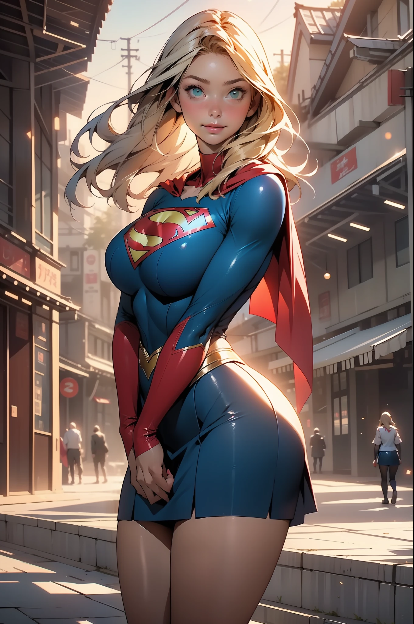 nsfw: 1.5, masterpiece, best quality, high quality, high definition, high quality textures, high quality shadows, high definition, beautiful detail, highly detailed CG, detailed textures, realistic representation of faces, realistic, colorful, delicate , cinematic lights, side lights, lens flares, ray tracing, sharp focus, supergirl, ((best quality, masterpiece, absurd, 8k)), 1 girl, solo, 21 years old,Supergirl(Helen Slater), huge breasts, huge breasts, side view;1.4,long hair down to her hips, long hair,low hair, voluminous hair, white skin tone, green eyes, sparkling expressive eyes, huge breasts, she is supergirl, Supergirl cosplay , japanese sailor school uniform female cosplay Supergirl, costume female school,stocking 7/8 ,superman suit, blushing, embarrassed expression, shy smile, building terrace, daytime, pretty, young woman, hands behind) (1girl, __focus__:1.3), (intricate details, makeup , PureErosFace_V1:0.5), (delicate beautiful face with details, Delicate eyes beautiful in details, perfect face proportions, dense skin, ideal proportion of four fingers and one thumb, arms under the chest, huge breasts, miniskirt,upskirt,wide hips, flat upper abdomen , thin, dressed, blonde: 1.3), bed, no hands