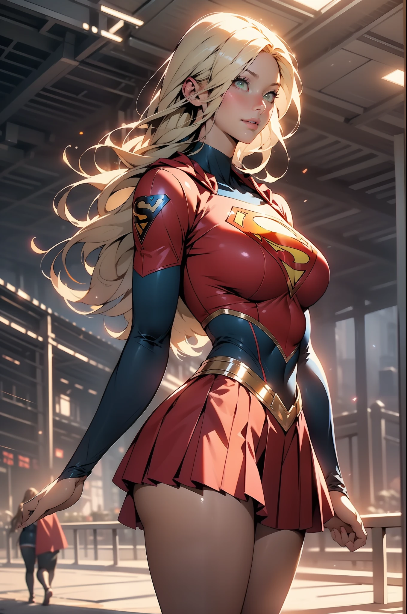 nsfw: 1.5, masterpiece, best quality, high quality, high definition, high quality textures, high quality shadows, high definition, beautiful detail, highly detailed CG, detailed textures, realistic representation of faces, realistic, colorful, delicate , cinematic lights, side lights, lens flares, ray tracing, sharp focus, supergirl, ((best quality, masterpiece, absurd, 8k)), 1 girl, solo, 21 years old,Supergirl(Helen Slater), huge breasts, huge breasts, side view;1.4,long hair down to her hips, long hair,low hair, voluminous hair, white skin tone, green eyes, sparkling expressive eyes, huge breasts, she is supergirl, Supergirl cosplay , japanese sailor school uniform female cosplay Supergirl, costume female school,stocking 7/8 ,superman suit, blushing, embarrassed expression, shy smile, building terrace, daytime, pretty, young woman, hands behind) (1girl, __focus__:1.3), (intricate details, makeup , PureErosFace_V1:0.5), (delicate beautiful face with details, Delicate eyes beautiful in details, perfect face proportions, dense skin, ideal proportion of four fingers and one thumb, arms under the chest, huge breasts, miniskirt,upskirt,wide hips, flat upper abdomen , thin, dressed, blonde: 1.3), bed, no hands