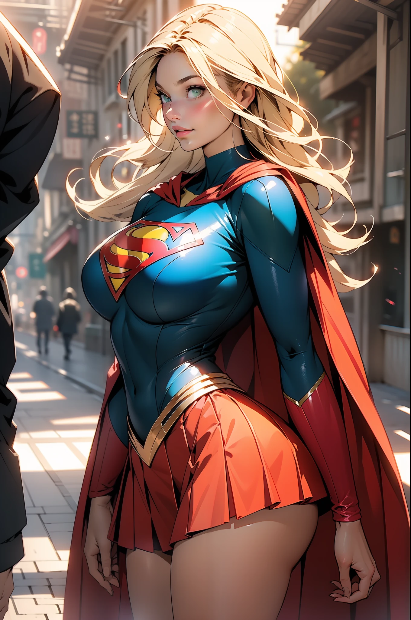 nsfw: 1.5, masterpiece, best quality, high quality, high definition, high quality textures, high quality shadows, high definition, beautiful detail, highly detailed CG, detailed textures, realistic representation of faces, realistic, colorful, delicate , cinematic lights, side lights, lens flares, ray tracing, sharp focus, supergirl, ((best quality, masterpiece, absurd, 8k)), 1 girl, solo, 21 years old,Supergirl(Helen Slater), huge breasts, huge breasts, side view;1.4,long hair down to her hips, long hair,low hair, voluminous hair, white skin tone, green eyes, sparkling expressive eyes, huge breasts, she is supergirl, Supergirl cosplay , japanese sailor school uniform female cosplay Supergirl, costume female school,stocking 7/8 ,superman suit, blushing, embarrassed expression, shy smile, building terrace, daytime, pretty, young woman, hands behind) (1girl, __focus__:1.3), (intricate details, makeup , PureErosFace_V1:0.5), (delicate beautiful face with details, Delicate eyes beautiful in details, perfect face proportions, dense skin, ideal proportion of four fingers and one thumb, arms under the chest, huge breasts, miniskirt,upskirt,wide hips, flat upper abdomen , thin, dressed, blonde: 1.3), bed, no hands