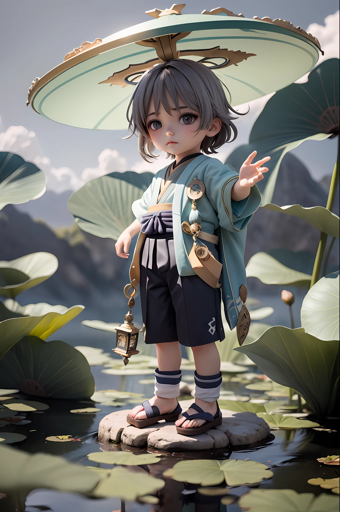 Masterpiece, Best Quality, (Wanderer: 1.2), Scaramouche (Genshin Impact), 1boy, Male Focus, Solo, Outdoor, Clouds, Standing, Leaf, Sky, Hand on Headdress, Vest, (Gray Background: 1.4), (KBXLL: 0.6), Chibi, Full Body, Pond, Lotus