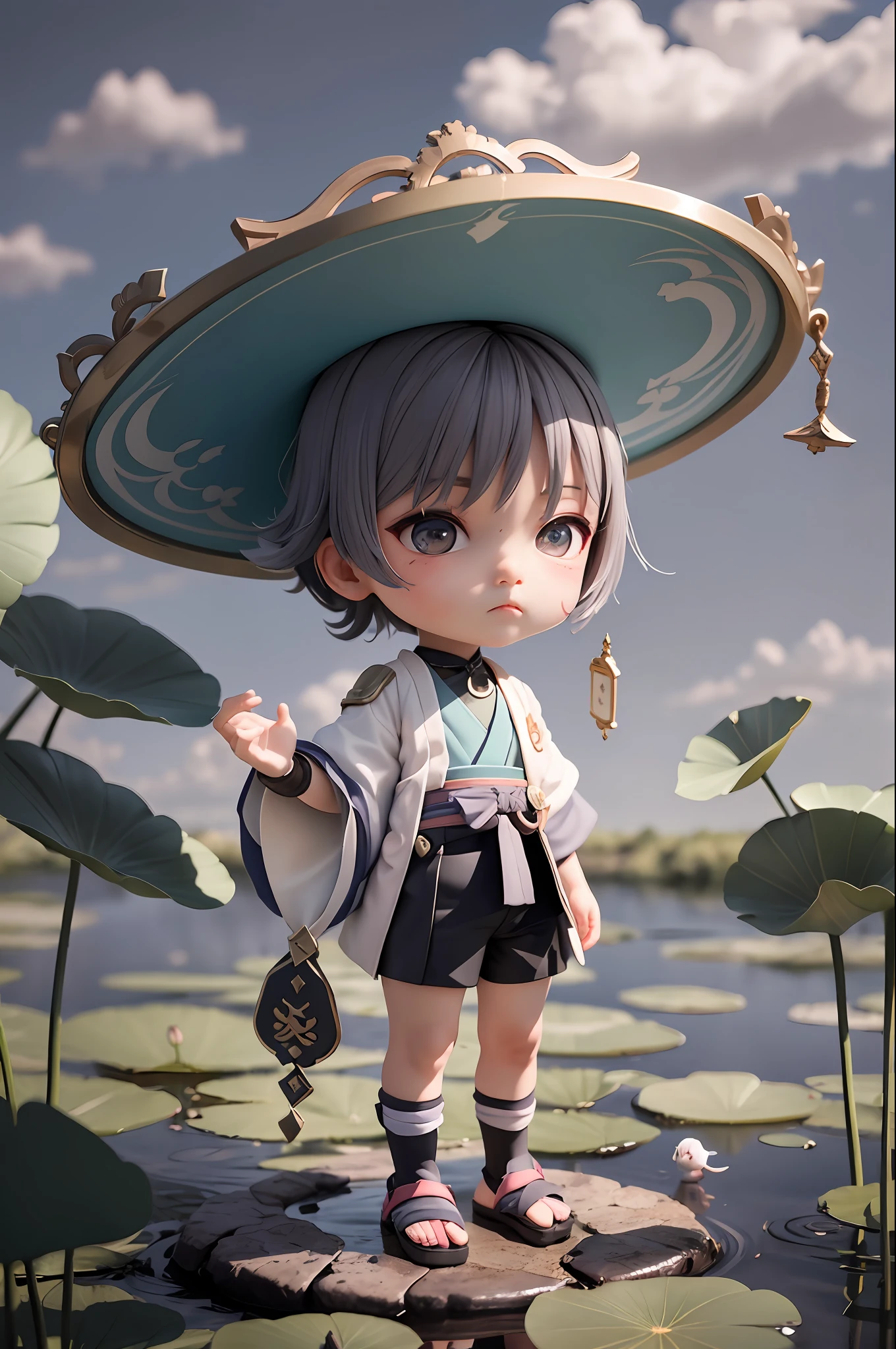 Masterpiece, Best Quality, (Wanderer: 1.2), Scaramouche (Genshin Impact), 1boy, Male Focus, Solo, Outdoor, Clouds, Standing, Leaf, Sky, Hand on Headdress, Vest, (Gray Background: 1.4), (KBXLL: 0.6), Chibi, Full Body, Pond, Lotus