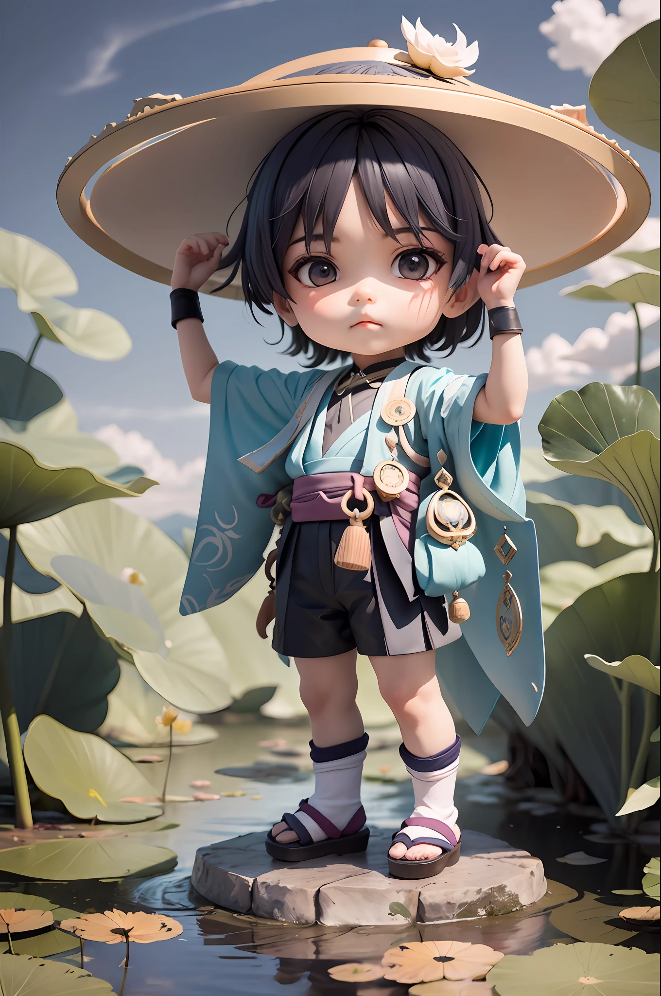Masterpiece, Best Quality, (Wanderer: 1.2), Scaramouche (Genshin Impact), 1boy, Male Focus, Solo, Outdoor, Clouds, Standing, Leaf, Sky, Hand on Headdress, Vest, (Gray Background: 1.4), (KBXLL: 0.6), Chibi, Full Body, Pond, Lotus
