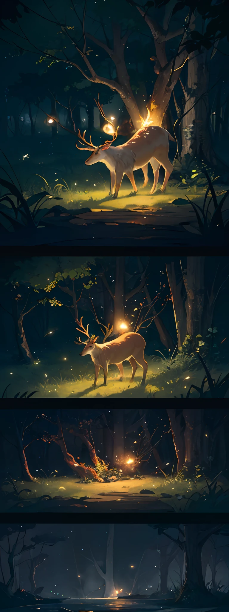 Masterpiece, best quality, (very detailed CG unity 8k wallpaper), (best quality), (best illustration), (best shadows), glow sprite, with a glowing deer, in the swimming pool Drinking water, natural elements in the forest theme. Mysterious forest, beautiful forest, nature, surrounded by flowers, delicate leaves and branches surrounded by fireflies (natural elements), (jungle theme), (leaves), (twigs), (fireflies), (particle effects) etc. 3D , Octane rendering, ray tracing, super detailed