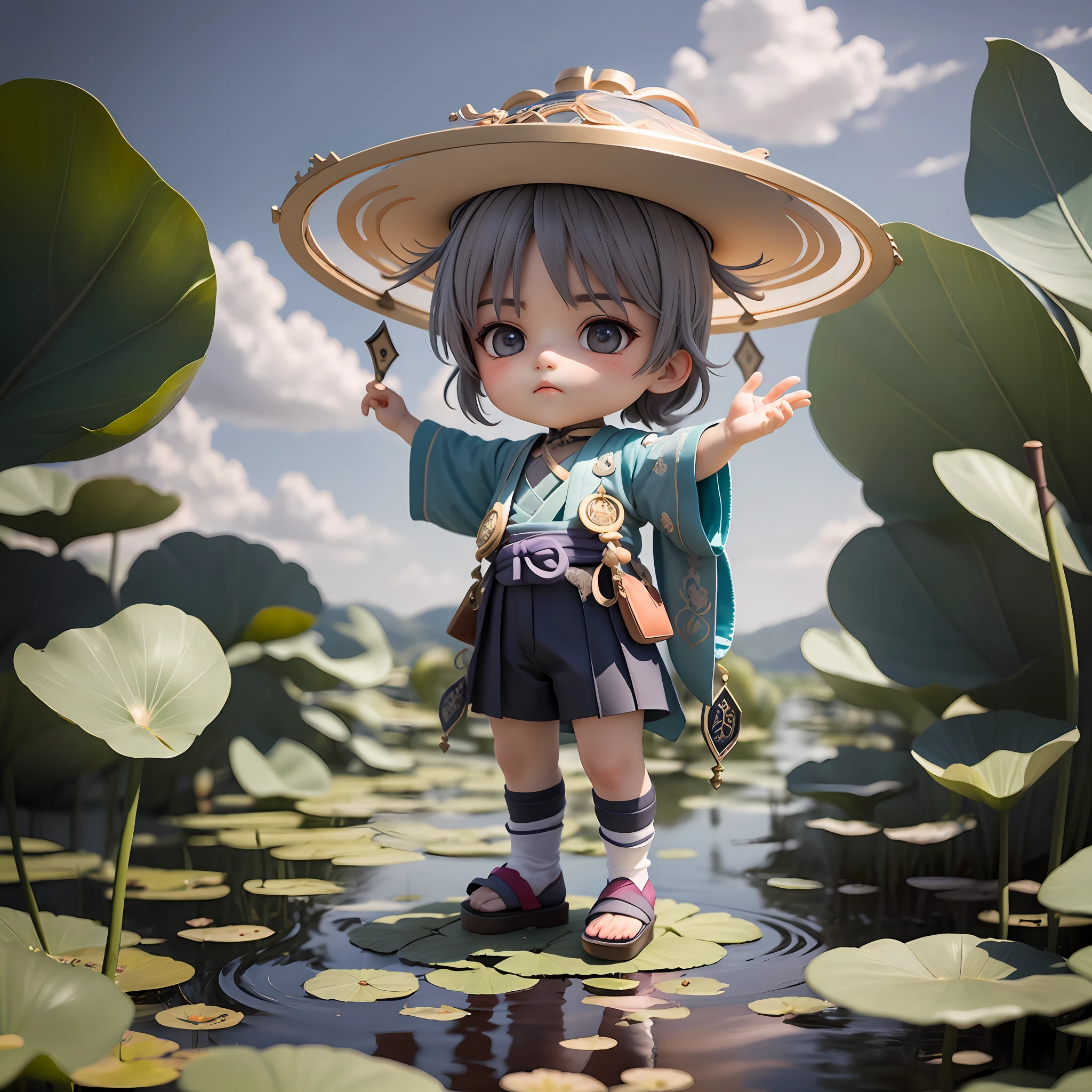 Masterpiece, Best Quality, (Wanderer: 1.2), Scaramouche (Genshin Impact), 1boy, Male Focus, Solo, Outdoor, Clouds, Standing, Leaf, Sky, Hand on Headdress, Vest, (Gray Background: 1.4), (KBXLL: 0.6), Chibi, Full Body, Pond, Lotus