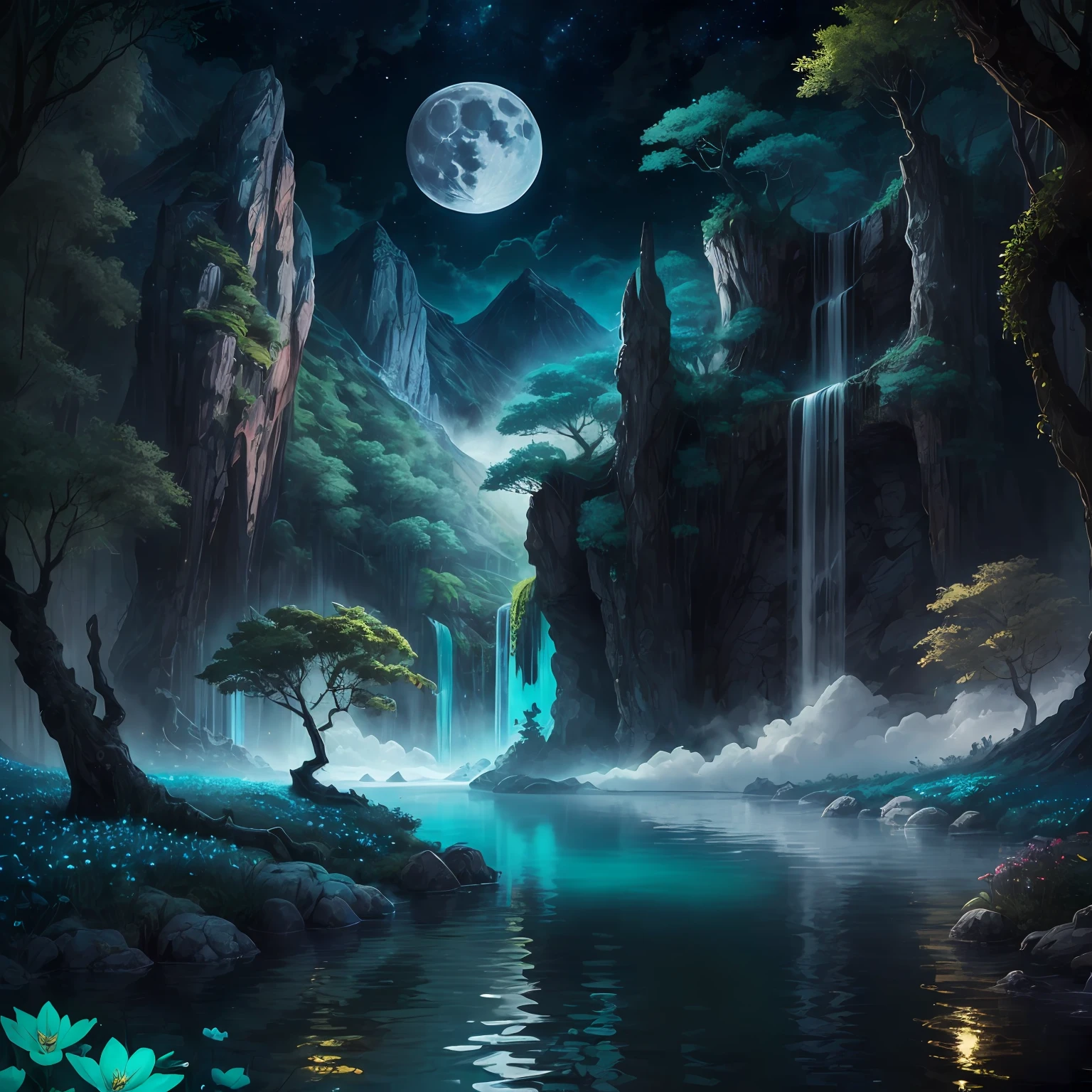 best quality, masterpiece, ((european woman)), extremely detailed, finely detailed, extremely detailed, ultra detailed, beautiful detailed, extremely detailed eyes and face, iridescent green, (best shade: 1.1), ultra high res, (realistic: 1.1), highly detailed, gold, jewelry, outdoor nature, mountains, waterfalls of luminescent waters, (turquoise blue waters), (splash blues), exotic trees, (fantasy forest) leaves, moon, night, ((exotic flowers)) and beautiful, Fantasy, Mist: 1.1, Highres