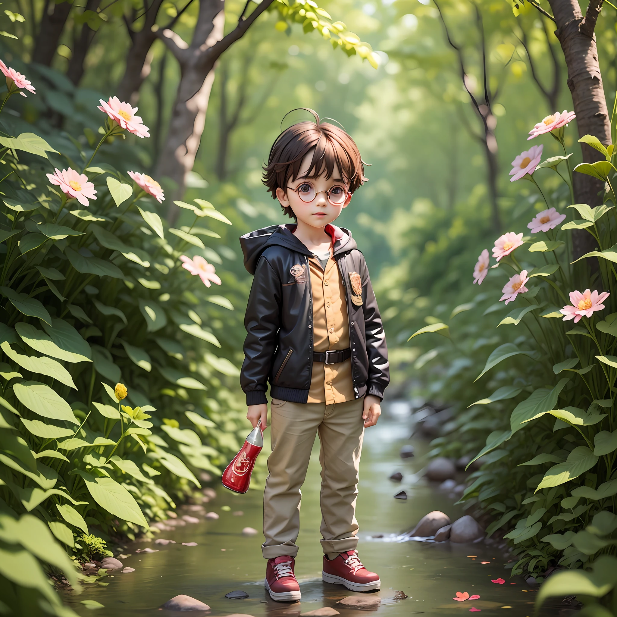 1boy, 5-year-old Harry Potter, solo, full body shot, standing pose, outing, eating watermelon, Coca-Cola in hand, flowers and trees, stream, chibi, full body,