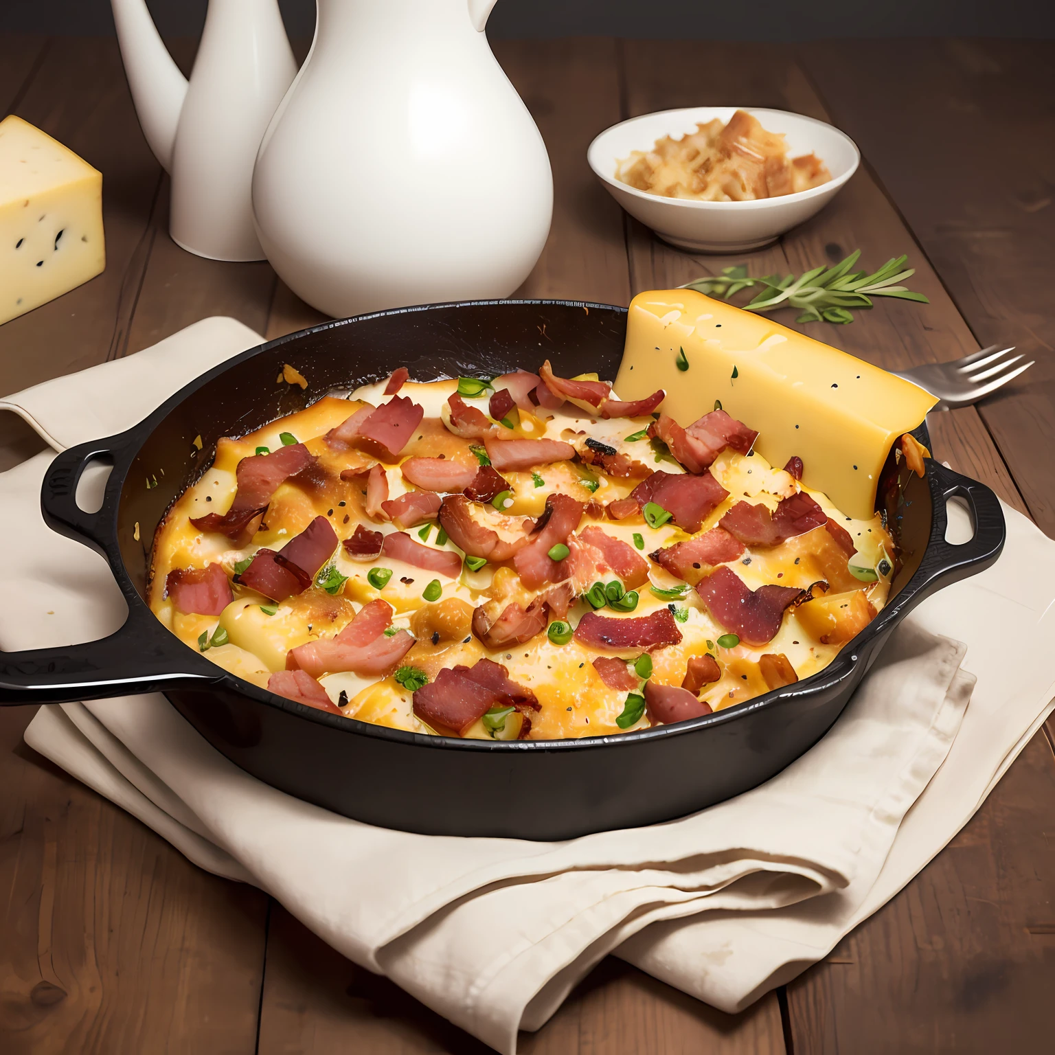 a closeup of a bacon and cauliflower casserole with melted and bubbling cheese, bacon in small pieces and crispy, high quality food photography, bacon casserole, cheese and cauliflower, easy, (ultra realistic, realistic and coherent, mixed art, professional food photography, ready to eat, an ultra realistic, looks realistic, a hyper realistic,  very very realistic, incredibly realistic,bacon casserole, cheese and cauliflower, 4K food commercial, very realistic