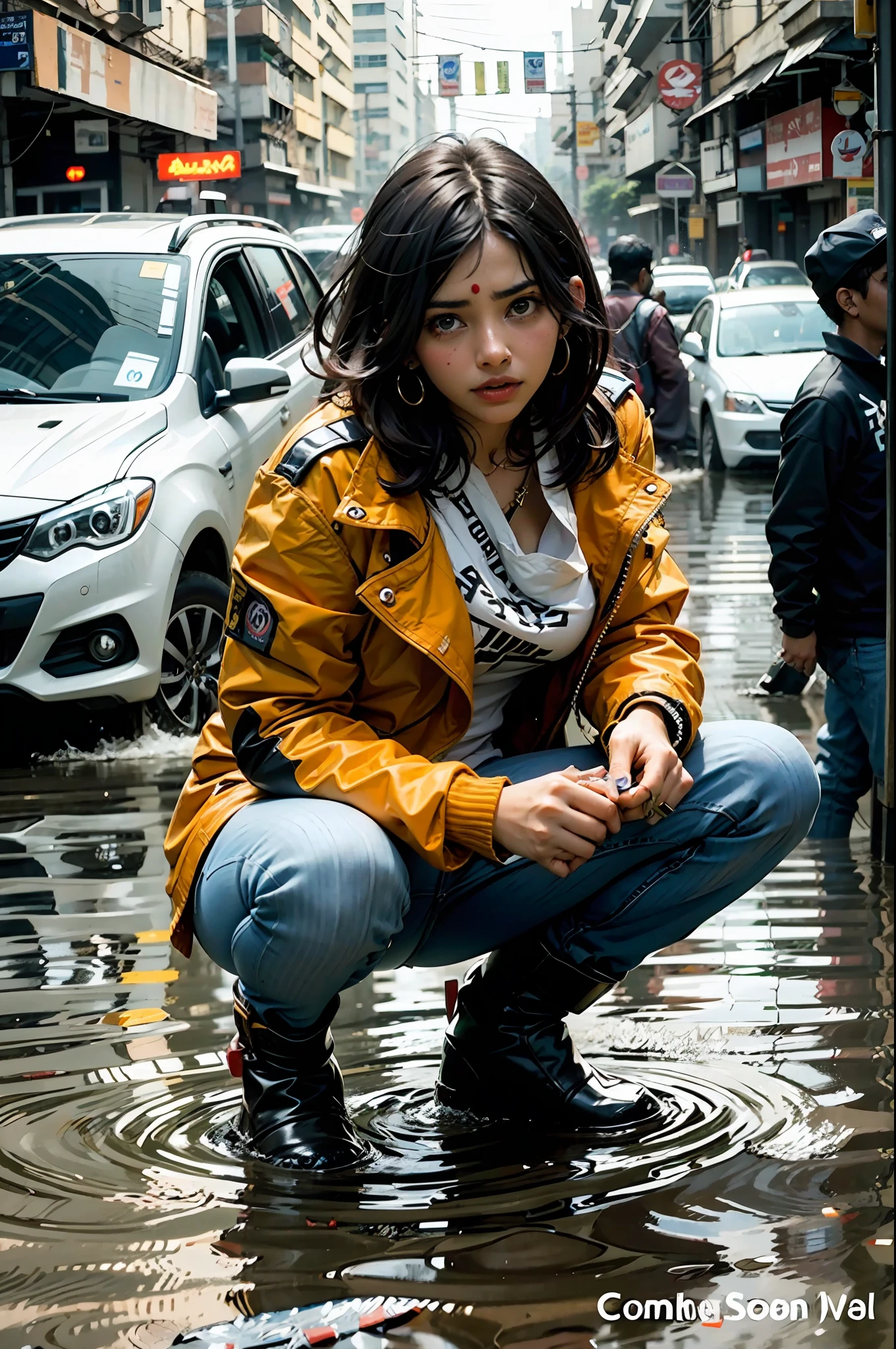 college girl standing in flooded Mumbai street, Mumbai flooded, street flooded, stranded, flooded street