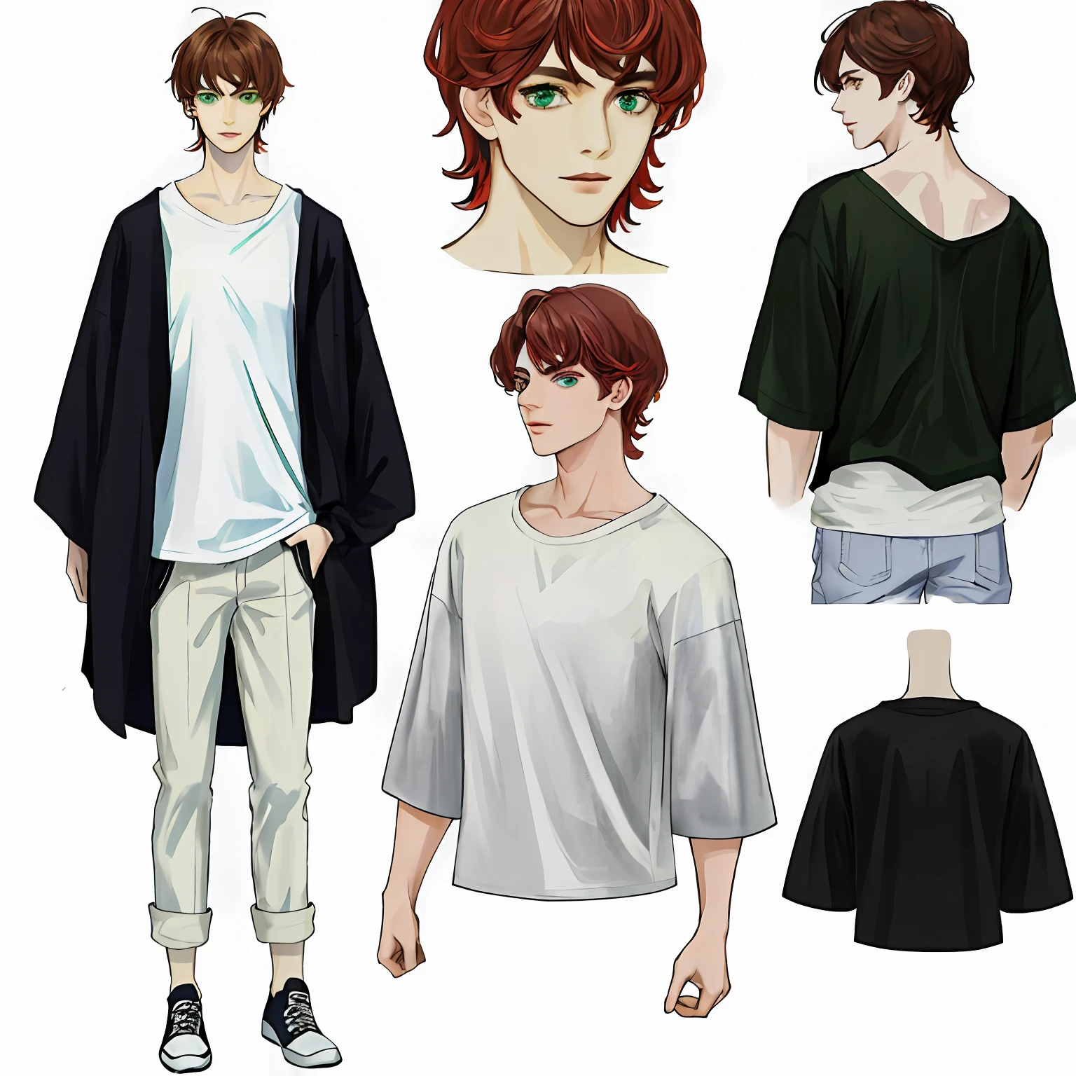 Master piece, high quality, 8k) (full body) (same character front, back, side view) (model sheet) (multiple views of the same character) . 8k, (RAW photo, best quality), beautiful detailed green eyes, extremely detailed eyes and face, perfect anatomy, an extremely delicate and beautiful face, short bob style red hair, extremely manly and masculine, extremely detailed,beautiful, short hair, dark brown hair, thin eye and detailed face, ((loose white t-shirt)),, (pale white skin)casual clothes, big shirt, modern urban street