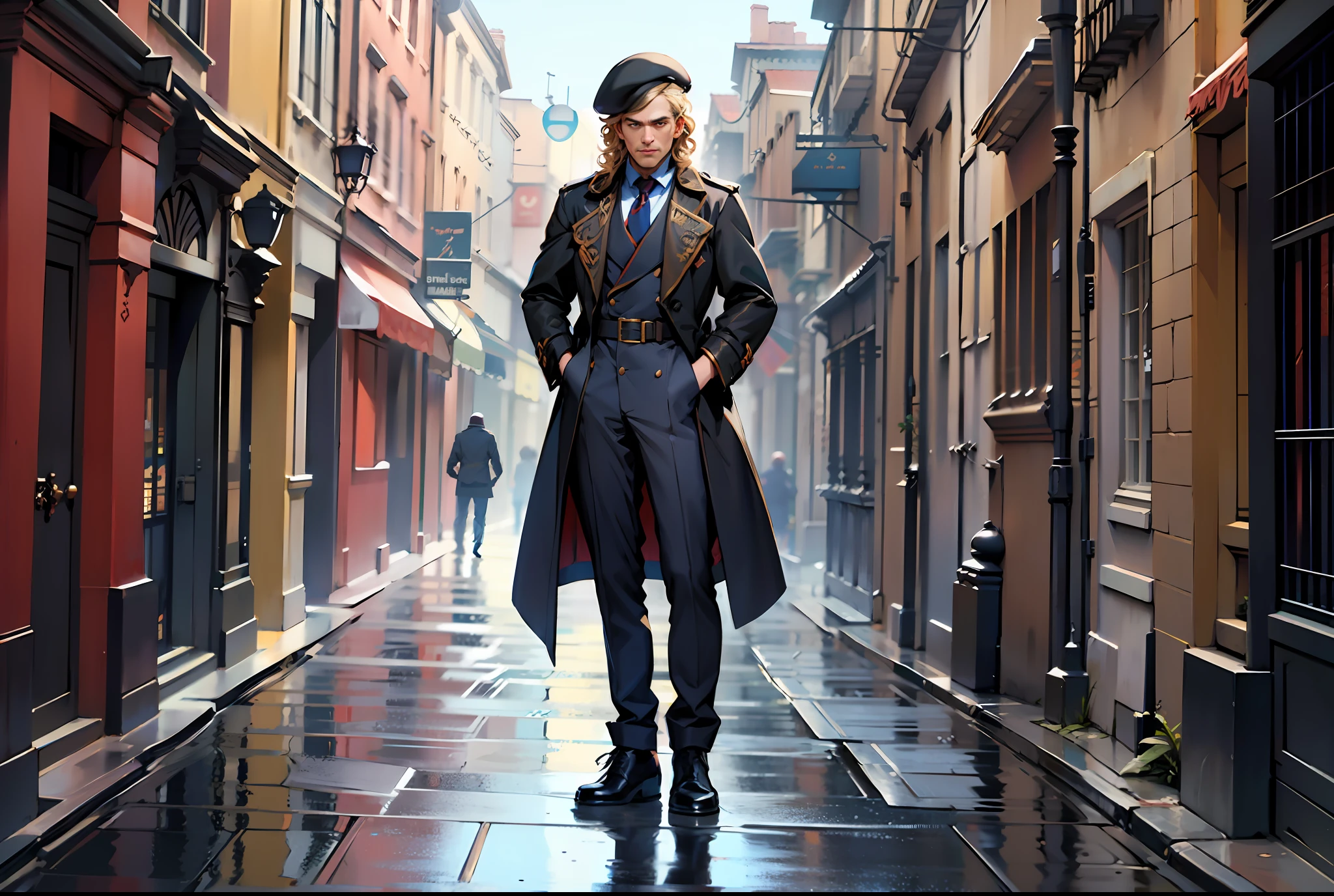 Middle-aged male adventurer, curly hair, beret, trench coat, necktie, baron's ring,19th century clothing style,(Standing posture:1.5),(full body:1.6)