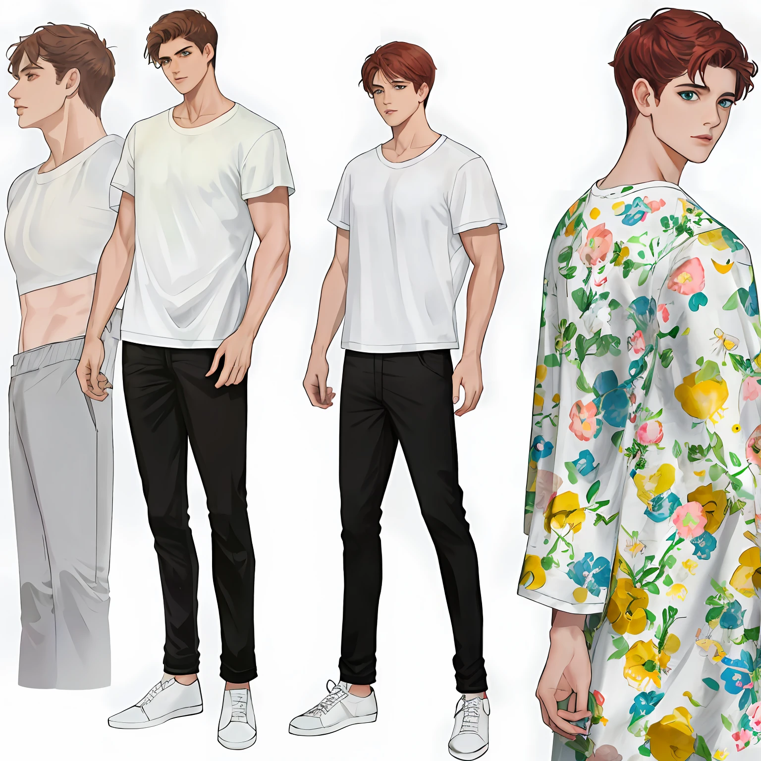Master piece, high quality, 8k) (full body) (same character front, back, side view) (model sheet) (multiple views of the same character) . 8k, (RAW photo, best quality), beautiful detailed green eyes, extremely detailed eyes and face, perfect anatomy, an extremely delicate and beautiful face, short bob style red hair, extremely manly and masculine, extremely detailed,beautiful, short hair, dark brown hair, thin eye and detailed face, ((loose white t-shirt)),, (pale white skin)casual clothes, big shirt, modern urban street