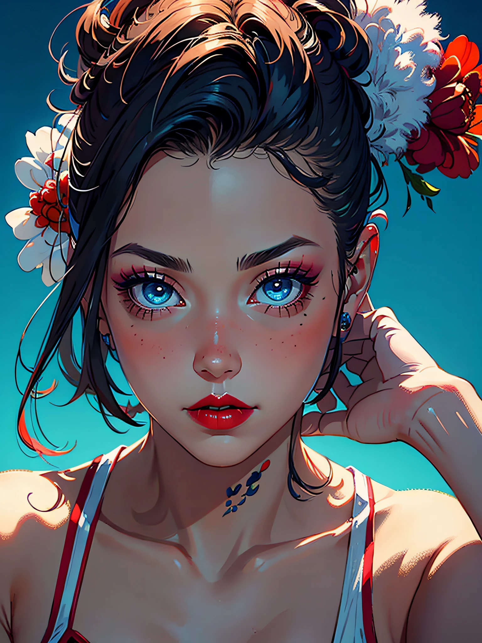 8k, solo, goose, girl, makeup, blush, lipstick, red lips, portrait, realism, blue eyes, looking at the audience, painting,