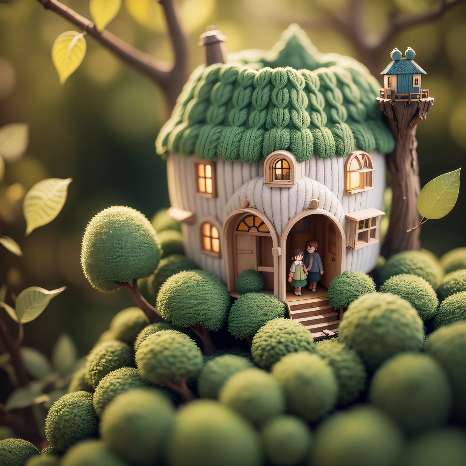 tiny little people is picking tomato  with a ladder, flowers and grass on the ground, natural light, miniature, clear details, tilt-shift, macro photography, isometric, 3d --auto