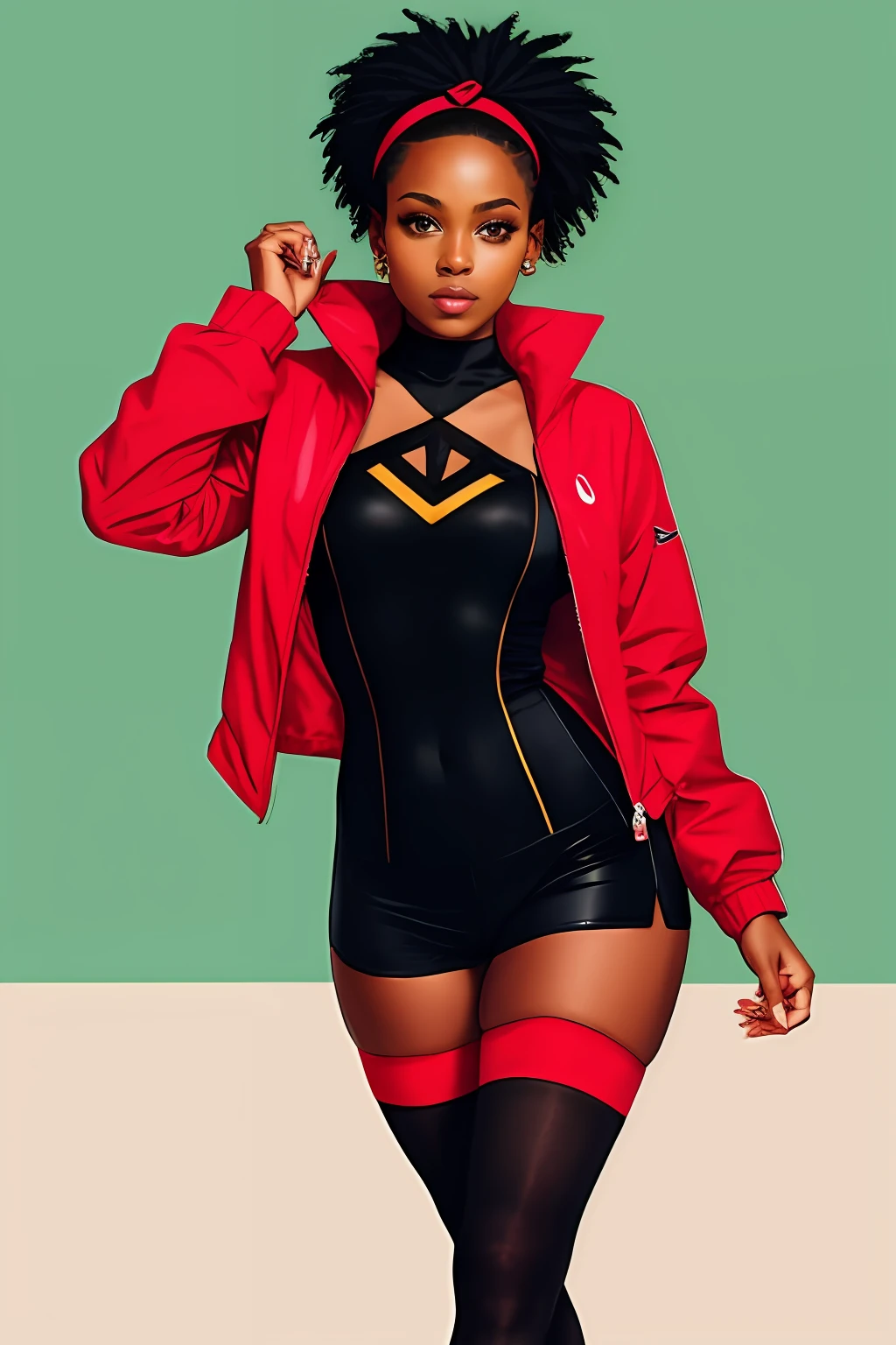 Debrii Black girl, axe-bound wrists and ankles, red headband in Black Power hair, brown skater-style shorts, black and red tights jacket and bodysuit