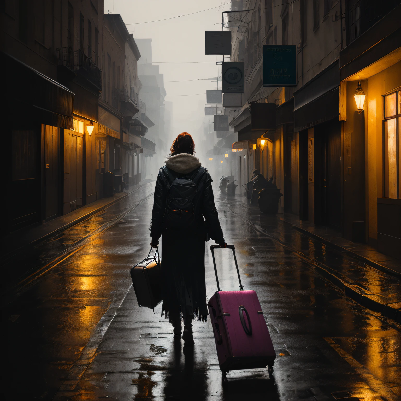 A female woman with a suitcase going away on a street, rain, rainy day, realistic epic, portrait of, James Gilleard, by Joe Fenton, by Kaethe Butcher, yellow gradient, black, brown and magenta color scheme, grunge aesthetic!! soft cinematic light, adobe lightroom, photo lab, hdr, intricate, highly detailed, (depth of field: 1.4), faded, (neutral colors: 1.2), (hdr: 1.4) , (soft colors:1.2), hyperdetailed, (artstation:1.4), cinematic, warm lights, dramatic light, (intricate details:1.1), complex background, (rutkowski:0.66), (blue and orange:0.4)