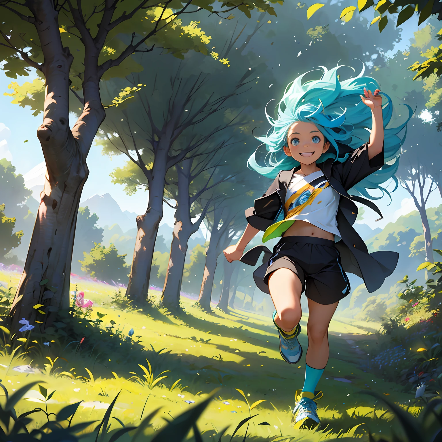 🌈😄🏞️ A child running in a verdant field with a radiant smile, hair in the wind, blue hair, light eyes and life size. The surrounding nature is lush and full of vibrant colors.