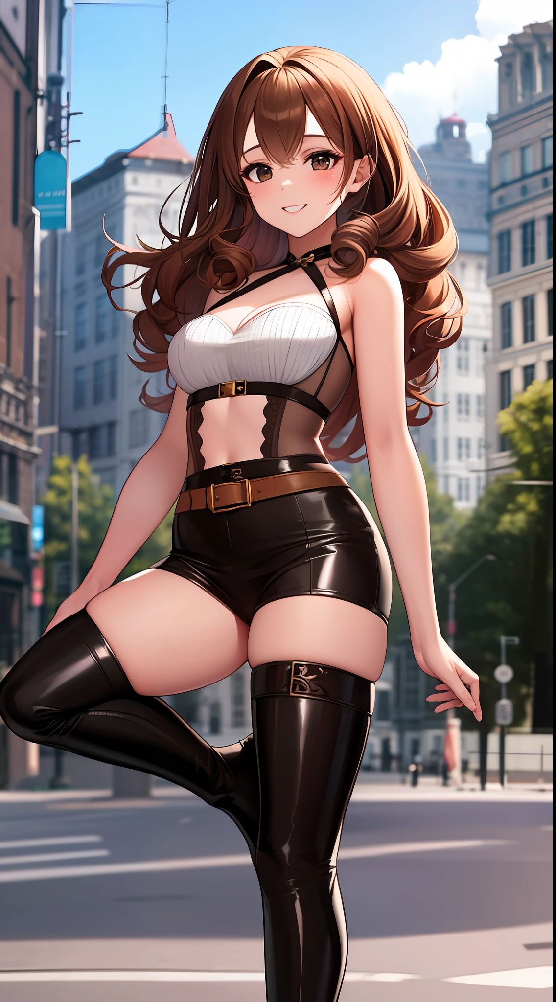 {{{{1girl, solo}}}}, {{The same face,same appearance}}, {{{{brown long hair, curly hair, hazel eyes}}}}, {{{{pink bustier, thigh high boots, high heeled boots}}}}, smile
