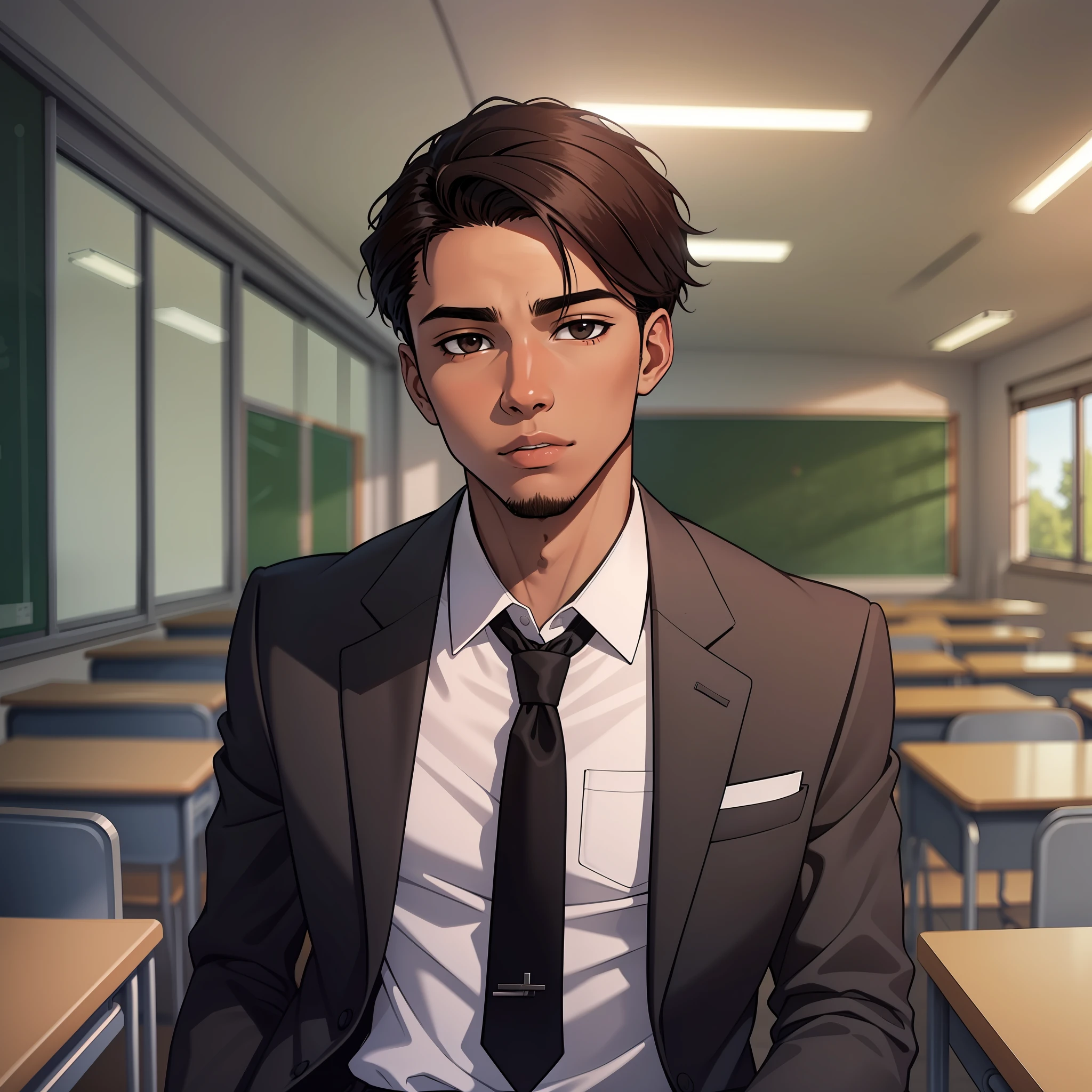 Black boy, dark brown hair, in a suit, inside the classroom