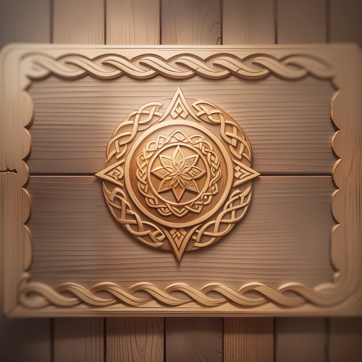 (Best image quality) A rectangular wooden board in the middle of the picture, covered with delicate Celtic patterns, delicate patterns, soft light, delicate wood grain, top perspective, retro tones, fantasy game spell symbols, Celtic fantasy art, Celtic art style