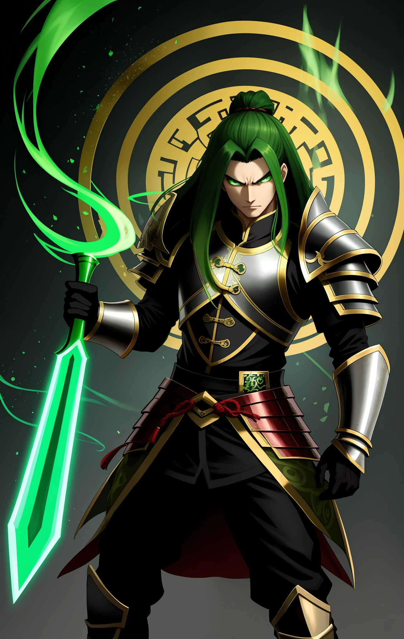 Chinese man with an armor made of jade, green eyes, big hair with green locks, with a jade gauntlet, with a jade aura, with an evil look, jade gauntlet, jade glove