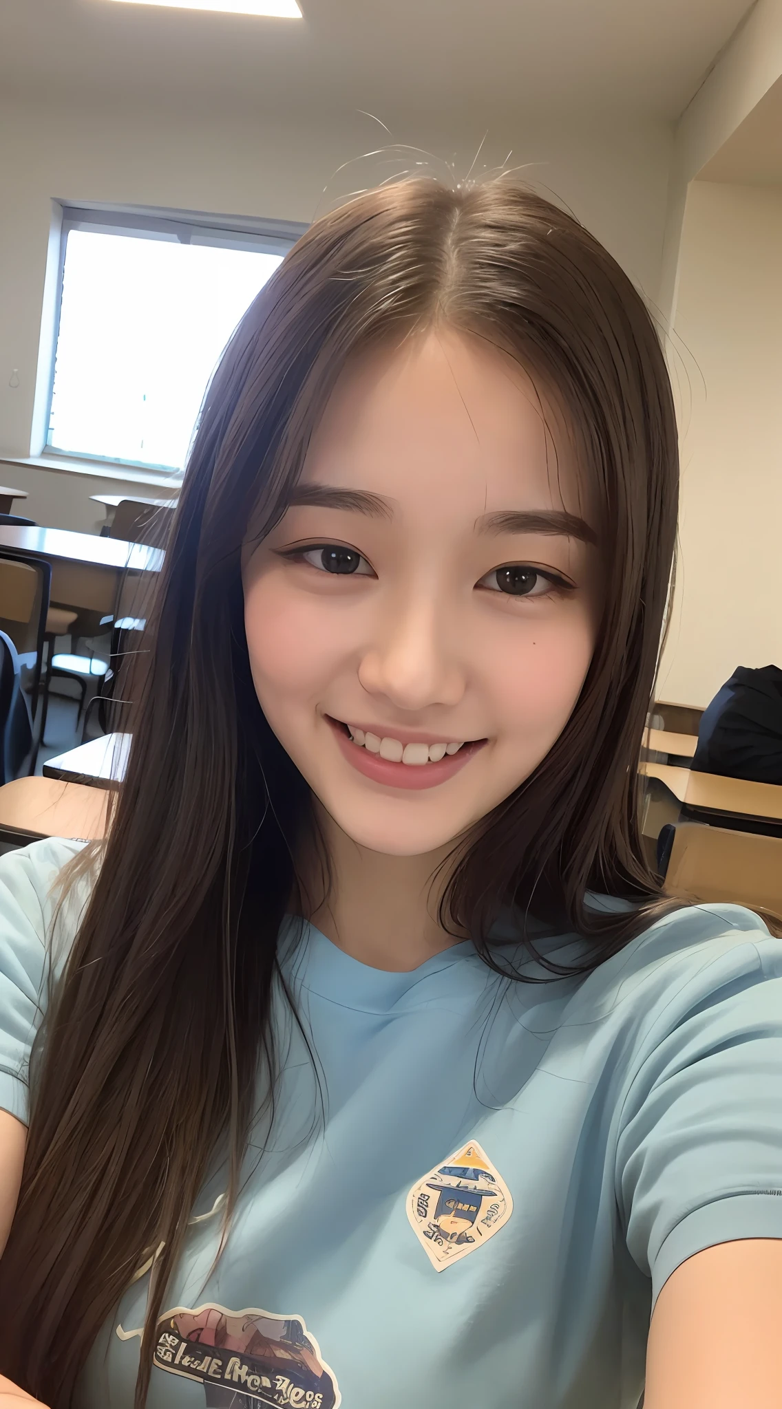 ((Top Quality, 8K, Masterpiece:1.3)), 1girl, smile, full body, slender face, pretty woman, (dark brown hair), very detailed face, detailed eyes, double eyelids, blurry background, slender face, cram school, in class, student, wide smile, smiling eyes, studying, korean