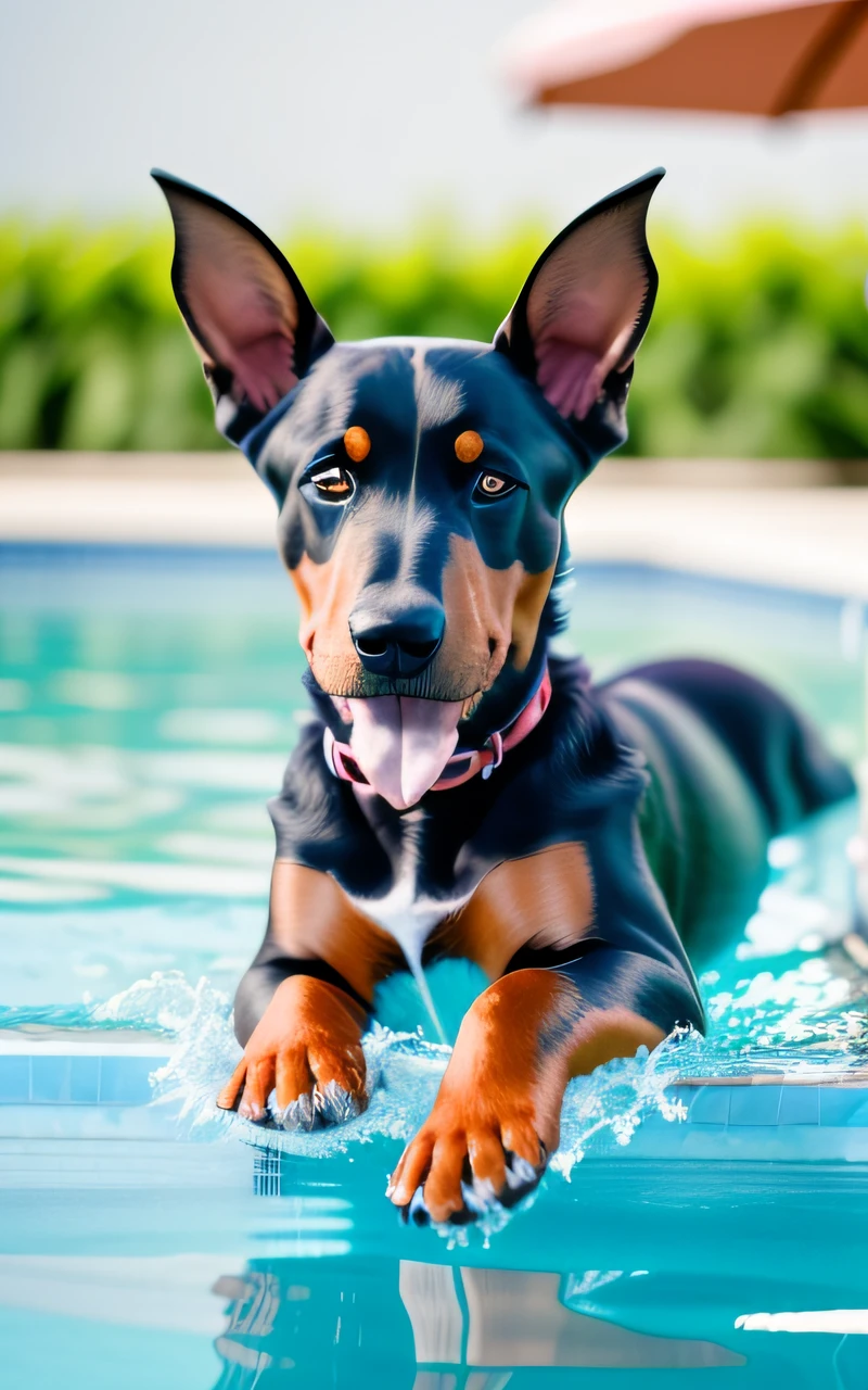 hyper Quality,Cute two Doberman Pinscher puppies,different body colors,swimming in the pool,smile,black eyes,barking,narrow eyes,smile,eos r3 28mm --auto