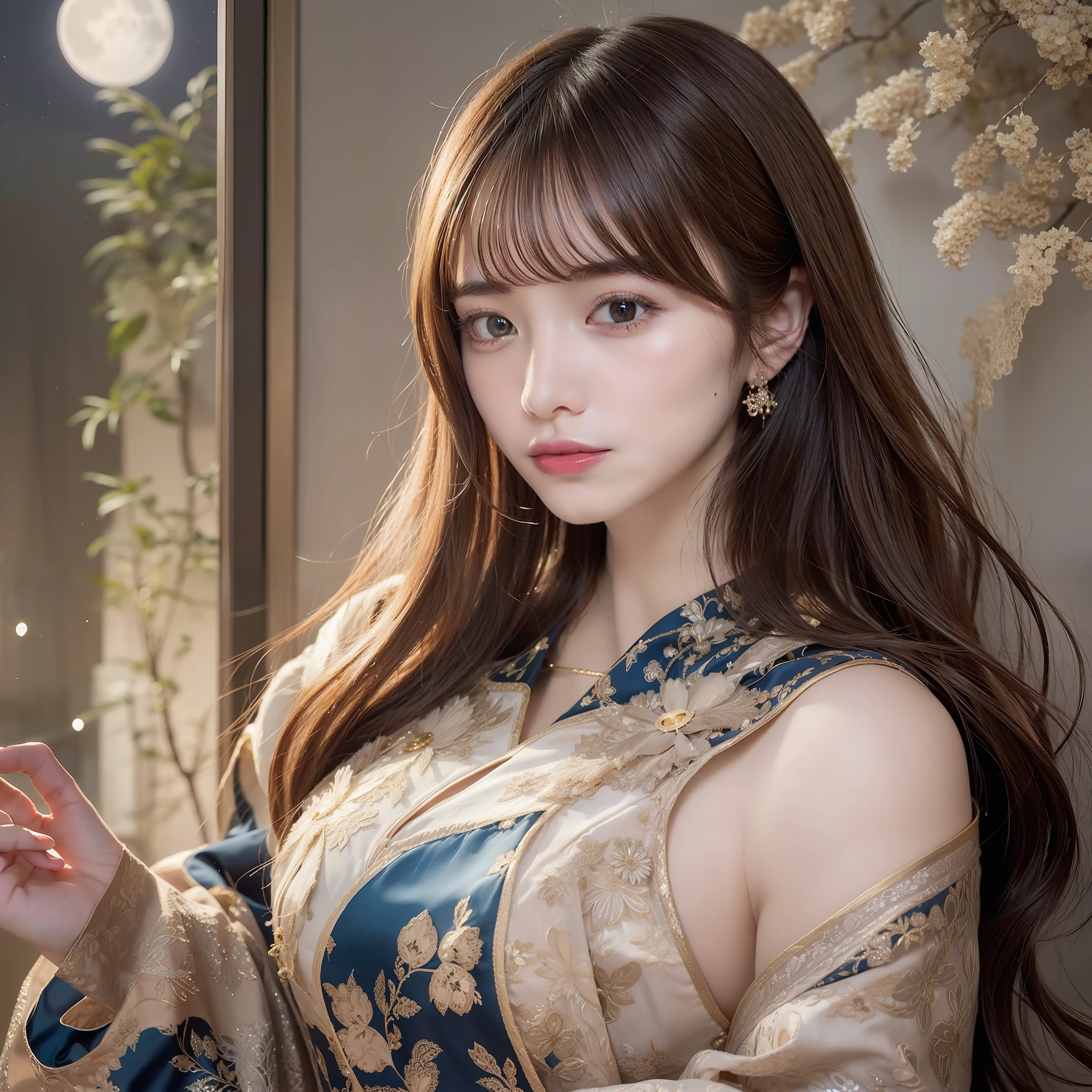 An artistic portrayal of an enchanting woman dressed in a flowing, silky traditional oriental gown, adorned with intricate patterns and vibrant colors. Her dress elegantly drapes around her curvaceous figure, emphasizing her alluring silhouette. She stands gracefully in a serene lunar night, bathed in the soft glow of the moonlight. The scene exudes an ethereal and dreamlike atmosphere, with a hint of mystery and sensuality. The image style embraces a blend of watercolor and digital illustration techniques, evoking a sense of delicate beauty and allure. Lighting is imbued with soft moon rays, casting gentle highlights and shadows on her captivating features.