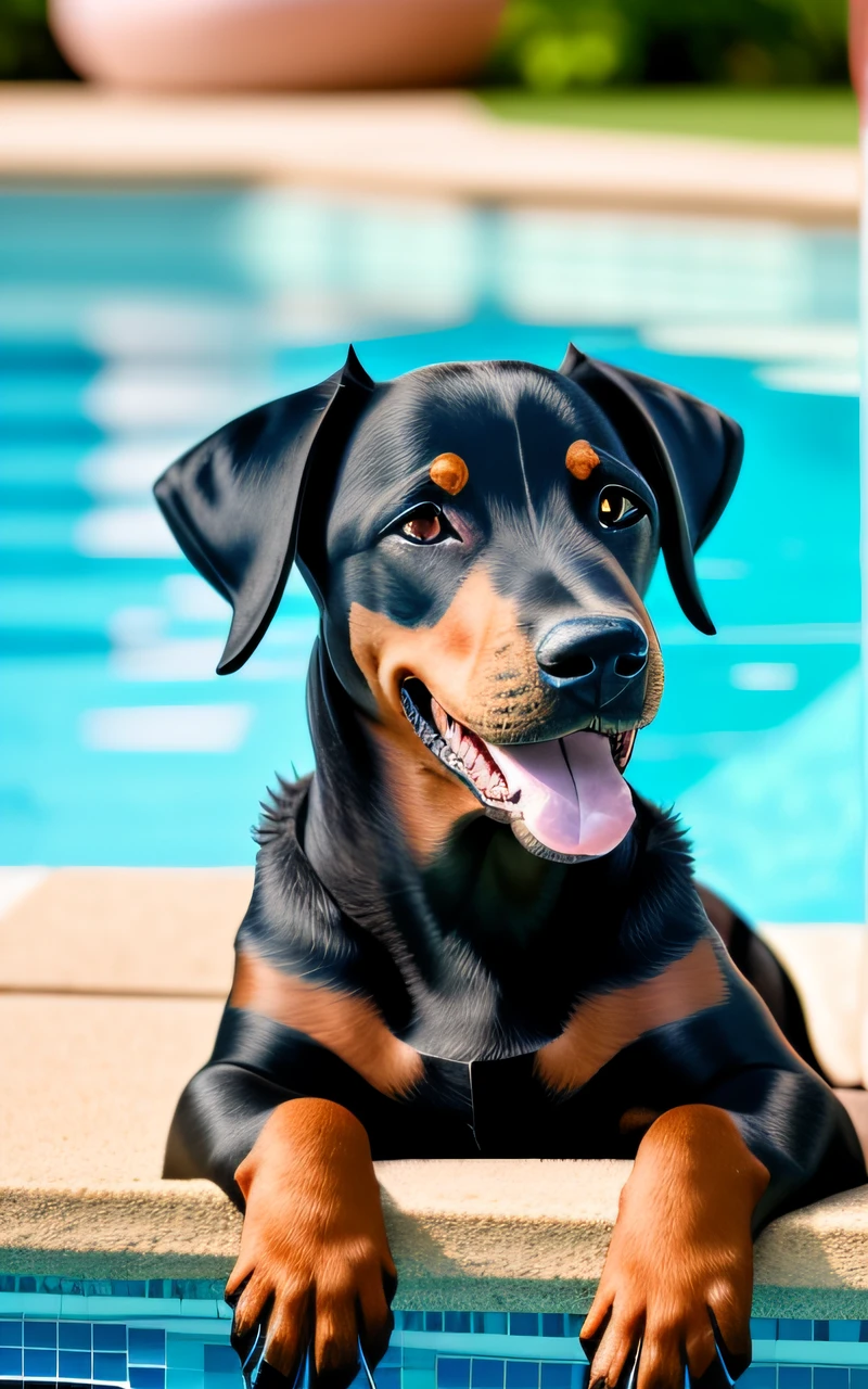 hyper Quality,Cute two Doberman Pinscher puppies,different body colors,swimming in the pool,smile,black eyes,barking,narrow eyes,smile,eos r3 28mm --auto