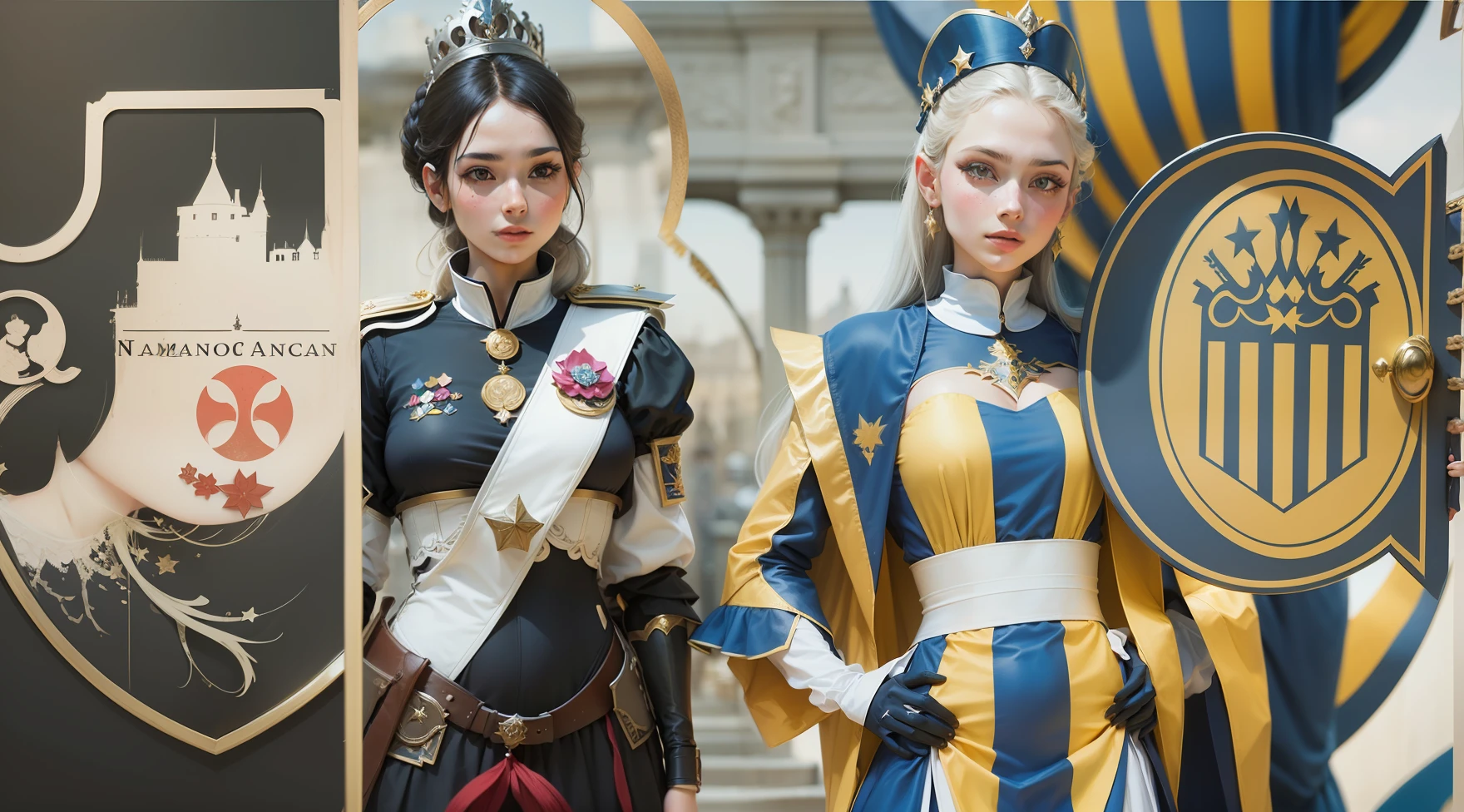 Femenina version of the image two beautiful women princesses dressed as liberators of America of nobility, representing the season 32 Effect uniting logo and the women making one interactive image between them and the logos --auto