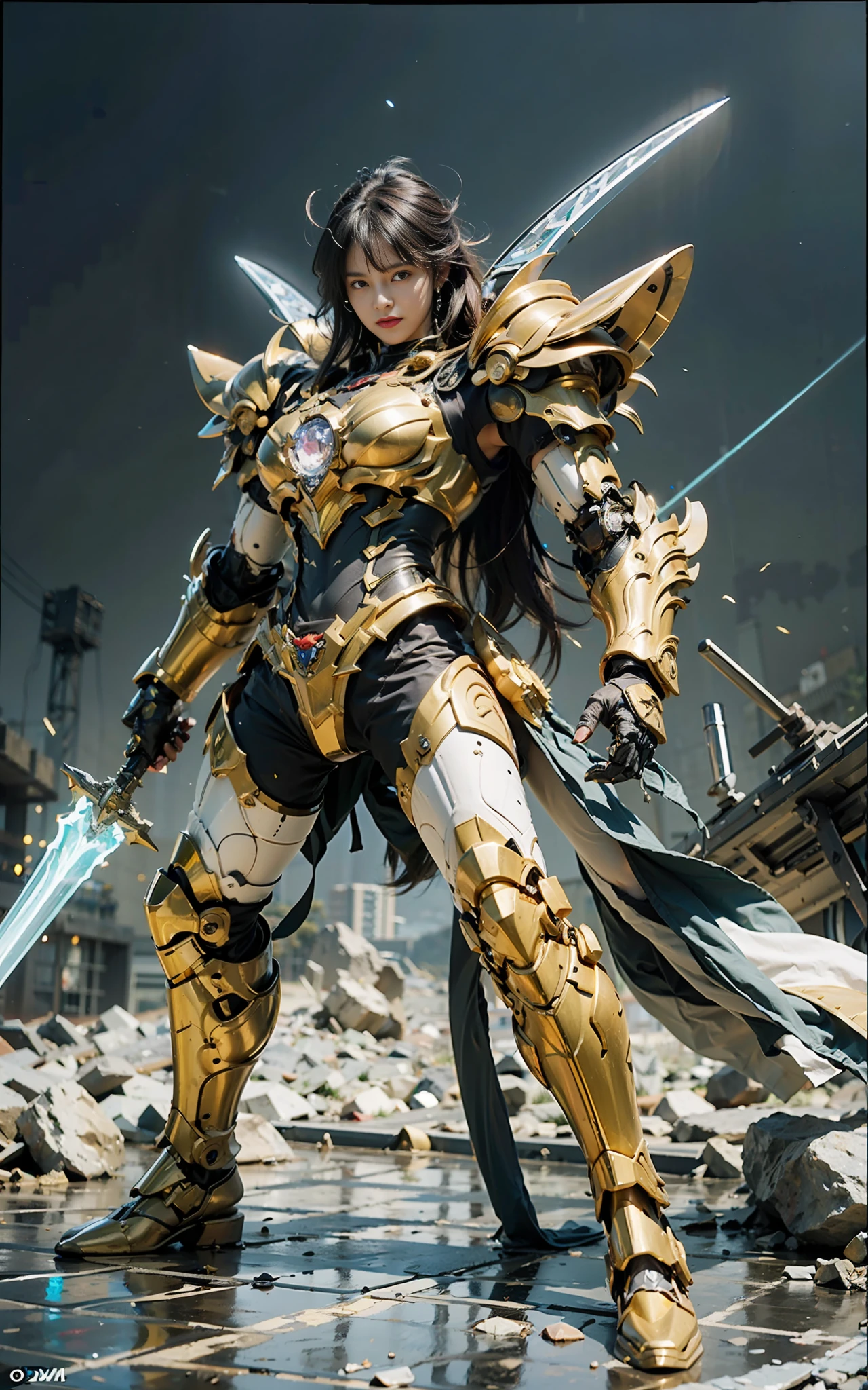 (Best Quality)), (Mecha: 1.3AND Saint Seiya AND Armor), (Crystal: 0.4), Dynamic Pose, ((Masterpiece)), (Details: 1.4), Panorama, Wide, Cinematic Lighting, (Gold|White: 1.5), (Glow FX::0.5), Weapons, Zrpgstyle, Solo, Laser Sword, Textured Skin 3D, HDR, Maximum Image Quality 16K, Best Quality, Crazy Detail, David La Chapelle style lens, Professional RAW color photos from Canon EOS R6 shooting masterpieces, ray tracing, surrealist detail school, unrealistic engine style