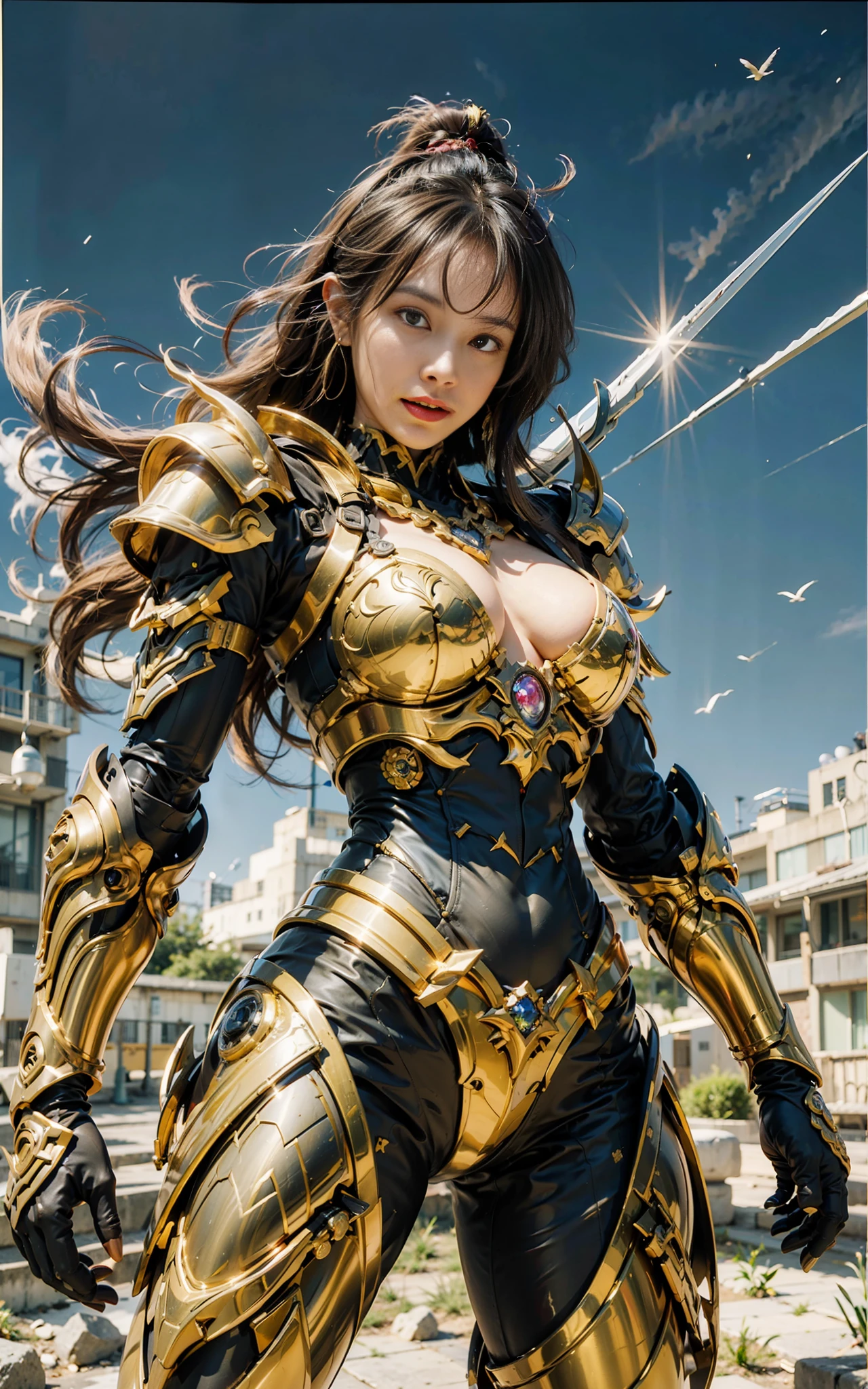 (Best Quality)), (Mecha: 1.3AND Saint Seiya AND Armor), (Crystal: 0.4), Dynamic Pose, ((Masterpiece)), (Details: 1.4), Panorama, Wide, Cinematic Lighting, (Gold|White: 1.5), (Glow FX::0.5), Weapons, Zrpgstyle, Solo, Laser Sword, Textured Skin 3D, HDR, Maximum Image Quality 16K, Best Quality, Crazy Detail, David La Chapelle style lens, Professional RAW color photos from Canon EOS R6 shooting masterpieces, ray tracing, surrealist detail school, unrealistic engine style