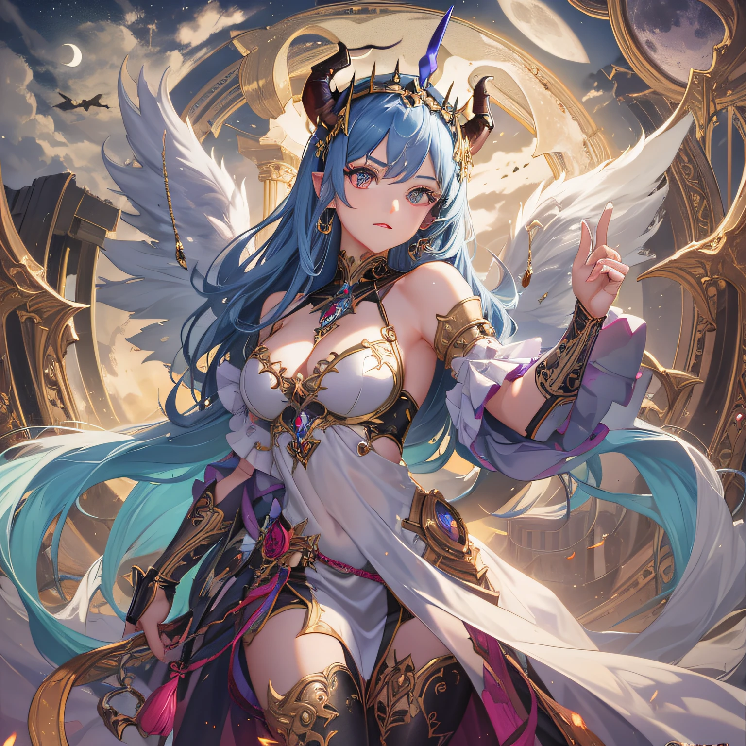 Demon queen with horns and cyborg wings, beautiful high-resolution dress, high-definition face, moon in the background