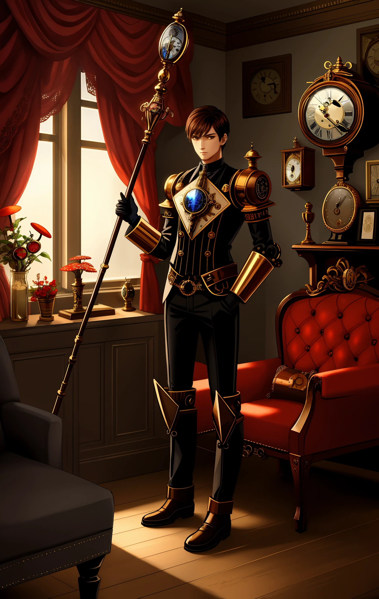 Male style robot, steampunk, with clocks scattered around the body, holding a staff with an hourglass at the tip, with red fungi around, room full of clocks