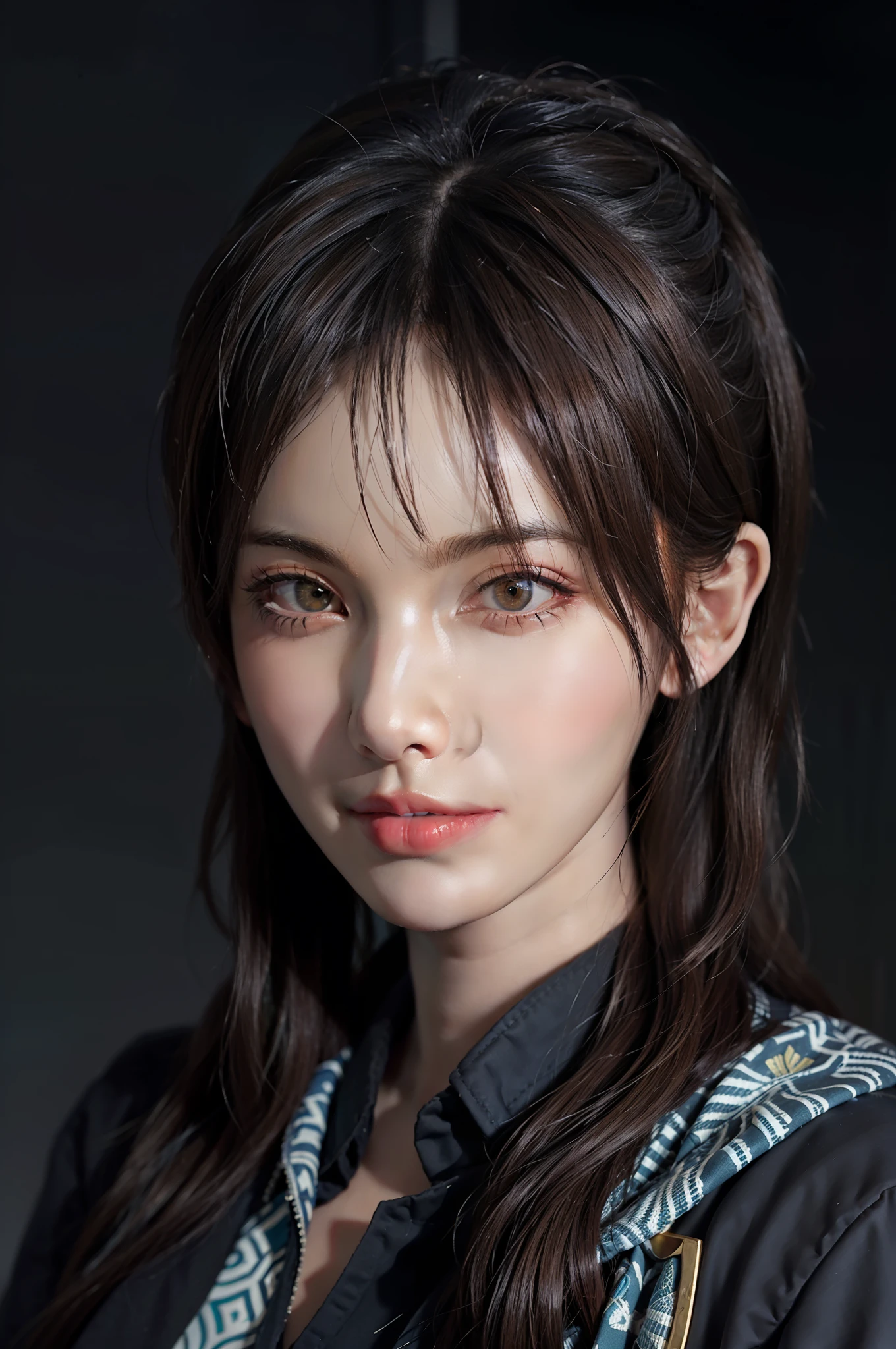 Hyperrealist portrait of female by david hockney and alphonse mucha,fantasy art, photo realistic, dynamic lighting, artstation, poster, volumetric lighting, very detailed faces, 4 k, award winning,, 1girl, in the dark, deep shadow, low key,cowboy shot,(official clothing:1.4) ,long hair,white hair,